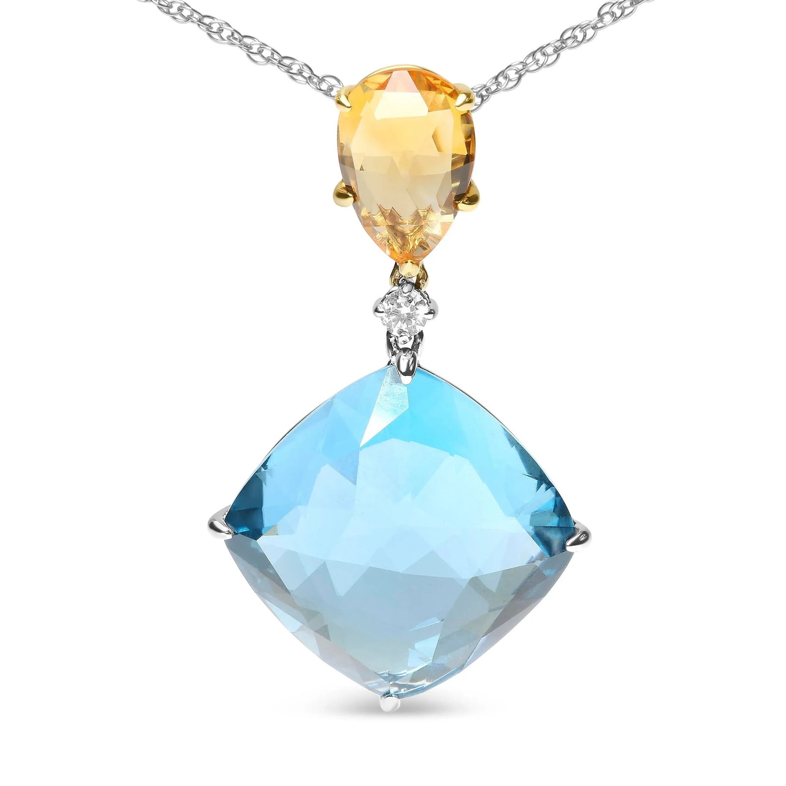 18K White and Yellow Gold Diamond Accent and Yellow Citrine and Sky Blue Topaz Gemstone Dangle Drop - 2