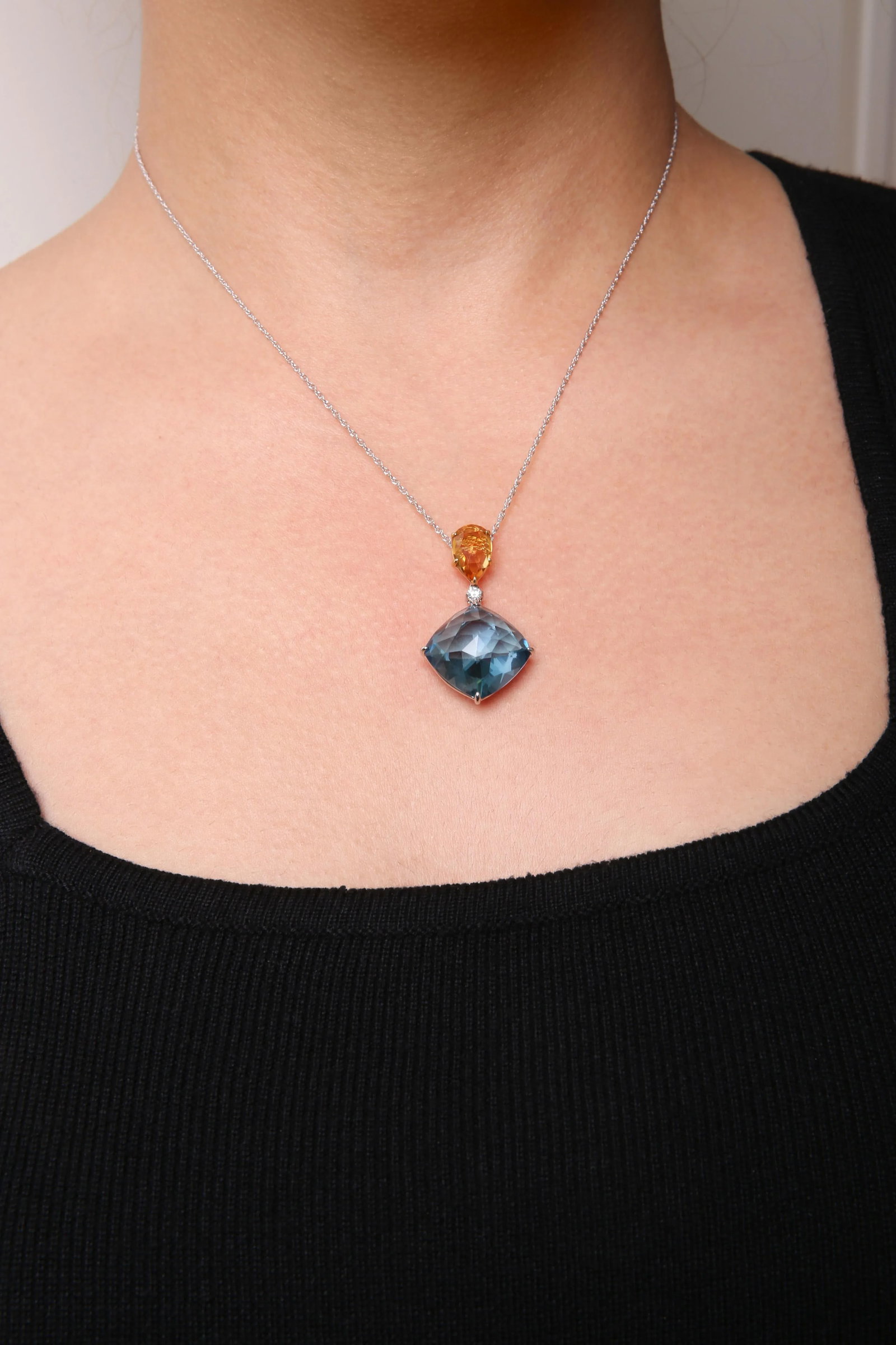 18K White and Yellow Gold Diamond Accent and Yellow Citrine and Sky Blue Topaz Gemstone Dangle Drop - 4