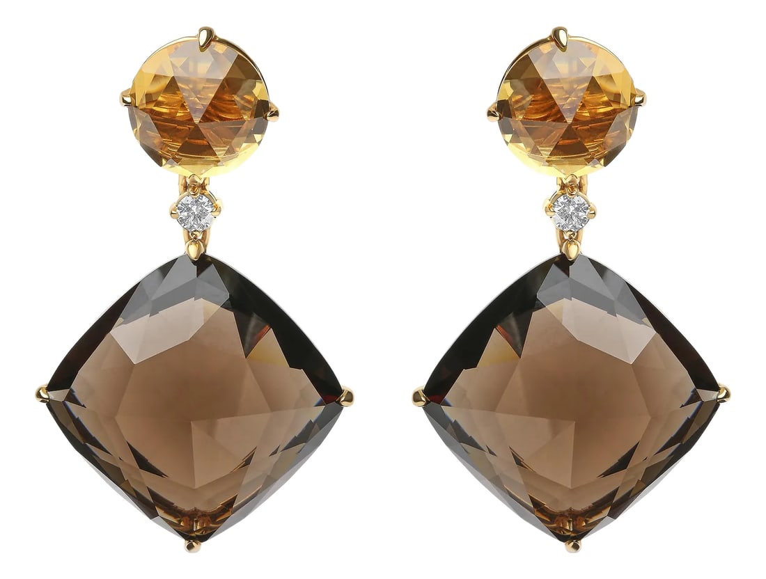 18K Yellow Gold 1/5 Cttw Diamond with Round Yellow Citrine and 25mm Cushion Cut Smoky Quartz Gemston: These statement 18k yellow gold dangle earrings are ready to elevate your wardrobe with their sparkling wealth! Mounted in 4-prong settings, natural 10x10mm round heat-treated yellow citrine gemstones