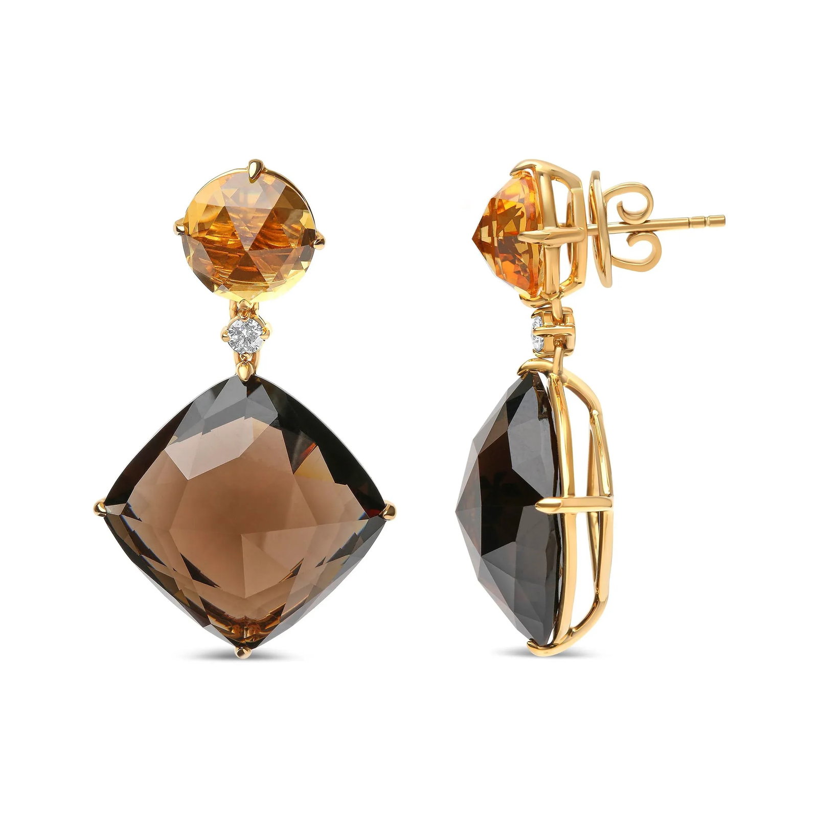 18K Yellow Gold 1/5 Cttw Diamond with Round Yellow Citrine and 25mm Cushion Cut Smoky Quartz Gemston - 3