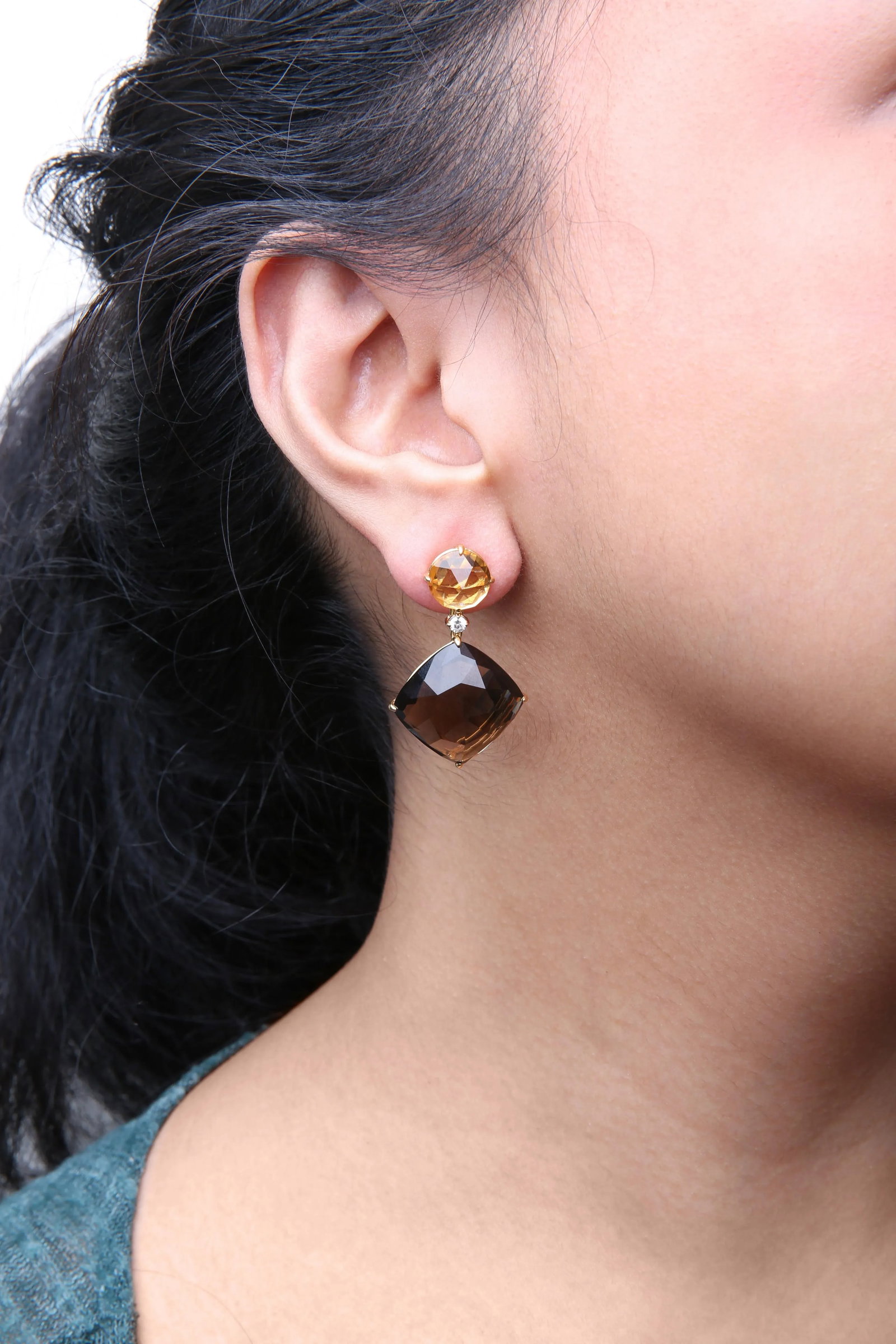 18K Yellow Gold 1/5 Cttw Diamond with Round Yellow Citrine and 25mm Cushion Cut Smoky Quartz Gemston - 5