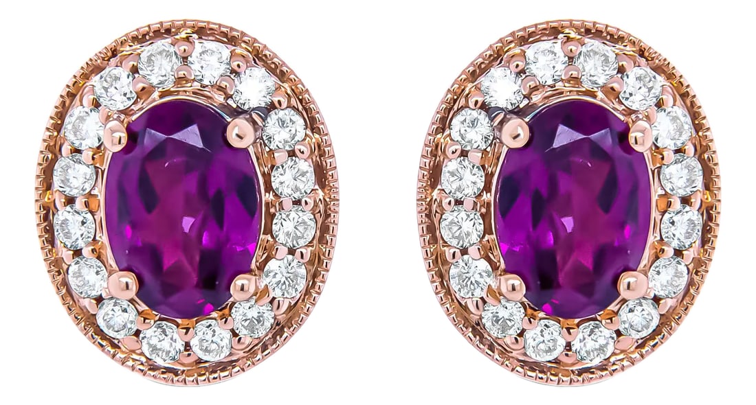 14K Rose Gold 7x5mm Oval Cut Garnet and 3/8 Cttw Round Diamond Halo Stud Earrings: Glamorous and beguiling, these halo stud earrings are sure to please everyone's level of sparkle. Fashioned in genuine 14k rose gold, the earrings feature 7x5mm oval garnets in prong settings. A halo