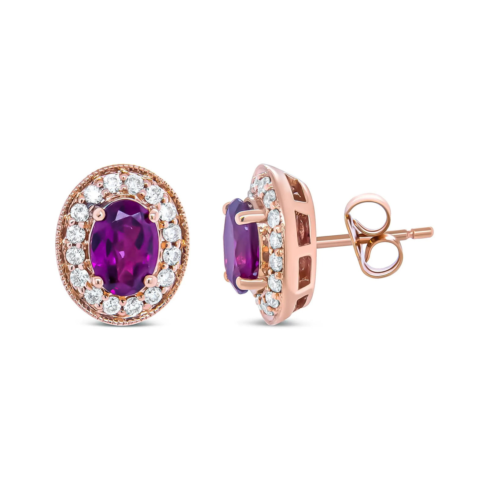 14K Rose Gold 7x5mm Oval Cut Garnet and 3/8 Cttw Round Diamond Halo Stud Earrings - 3