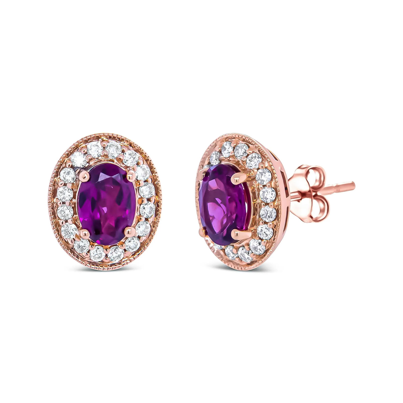 14K Rose Gold 7x5mm Oval Cut Garnet and 3/8 Cttw Round Diamond Halo Stud Earrings - 4