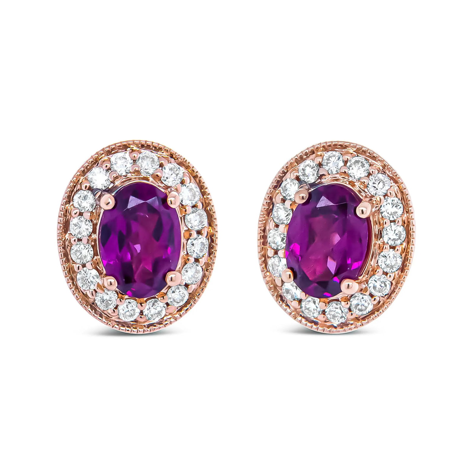 14K Rose Gold 7x5mm Oval Cut Garnet and 3/8 Cttw Round Diamond Halo Stud Earrings - 5