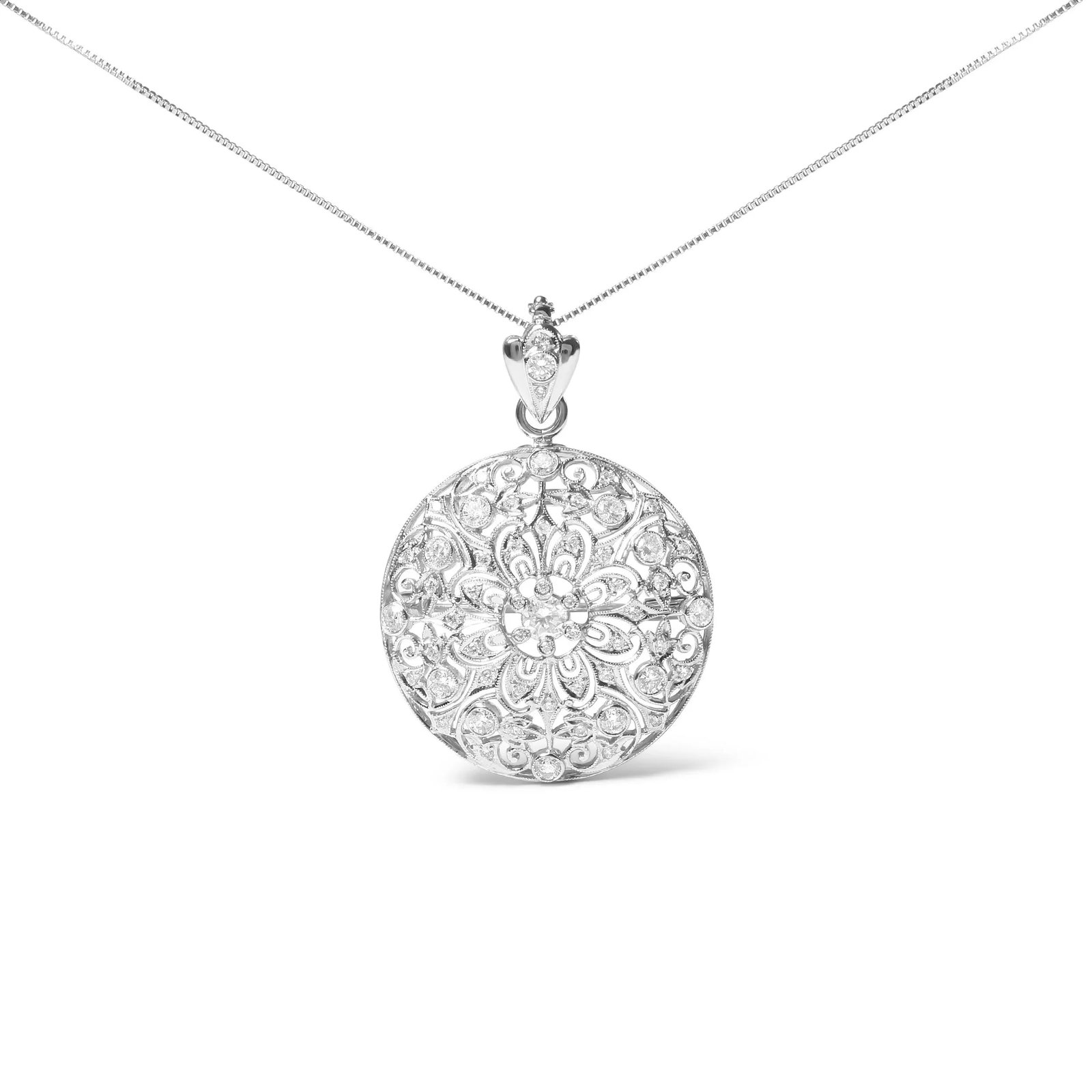 Hause of Brilliance 18K White Gold 1 5/6 Cttw Diamond Cluster Floral Filigree Brooch Pin and 18" Pen: This captivating vintage-inspired pendant necklace is crafted in cool 18k white gold in an elegant openwork filigree motif set with stunning round diamonds. The floral filigree pattern features these