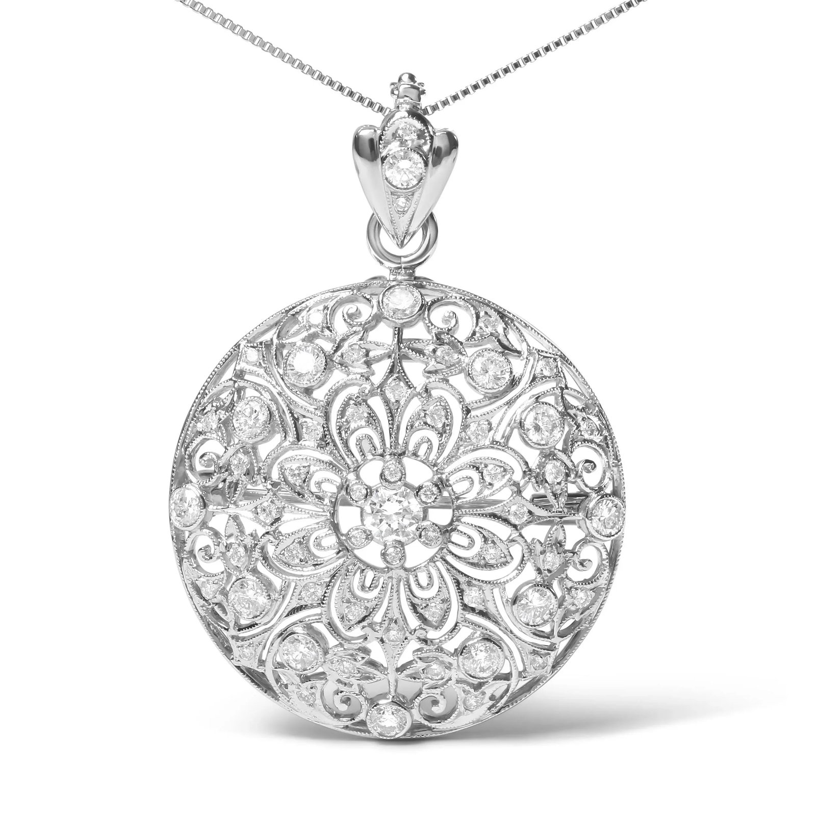 Hause of Brilliance 18K White Gold 1 5/6 Cttw Diamond Cluster Floral Filigree Brooch Pin and 18" Pen - 2