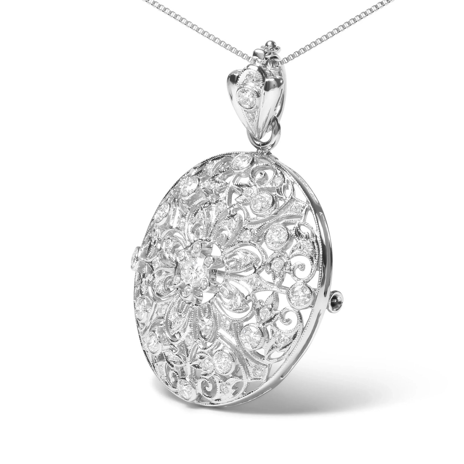 Hause of Brilliance 18K White Gold 1 5/6 Cttw Diamond Cluster Floral Filigree Brooch Pin and 18" Pen - 3