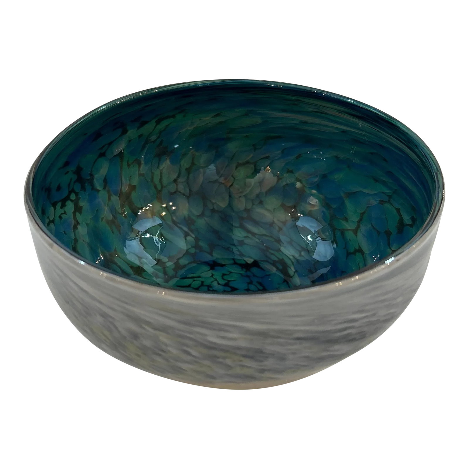 Green Blue and White Multi- Swirl Blown Art Glass Bowl: Hand blown art glass bowl in swirls of greens and blues with mixed colors on the exterior. Very attractive and takes on varying colors when light hits it. Condition: Alterations: Original Condition Un