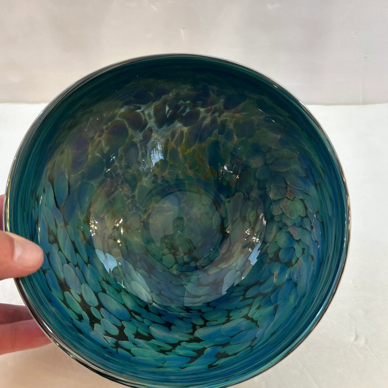 Green Blue and White Multi- Swirl Blown Art Glass Bowl - 2