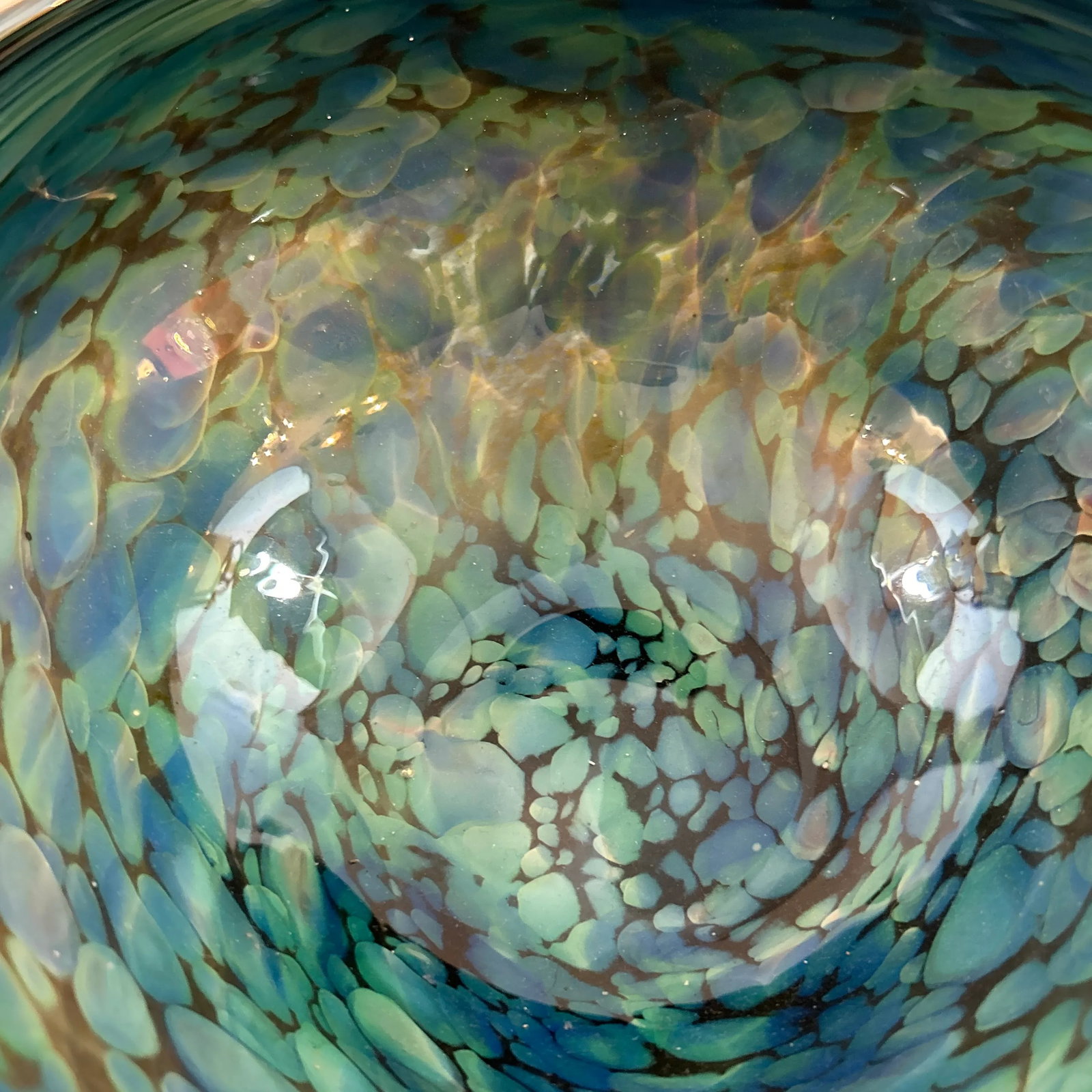 Green Blue and White Multi- Swirl Blown Art Glass Bowl - 3