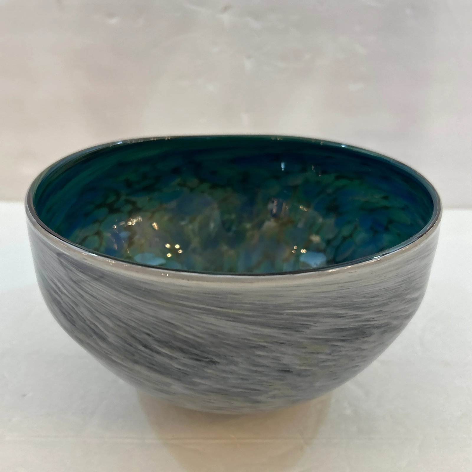 Green Blue and White Multi- Swirl Blown Art Glass Bowl - 4