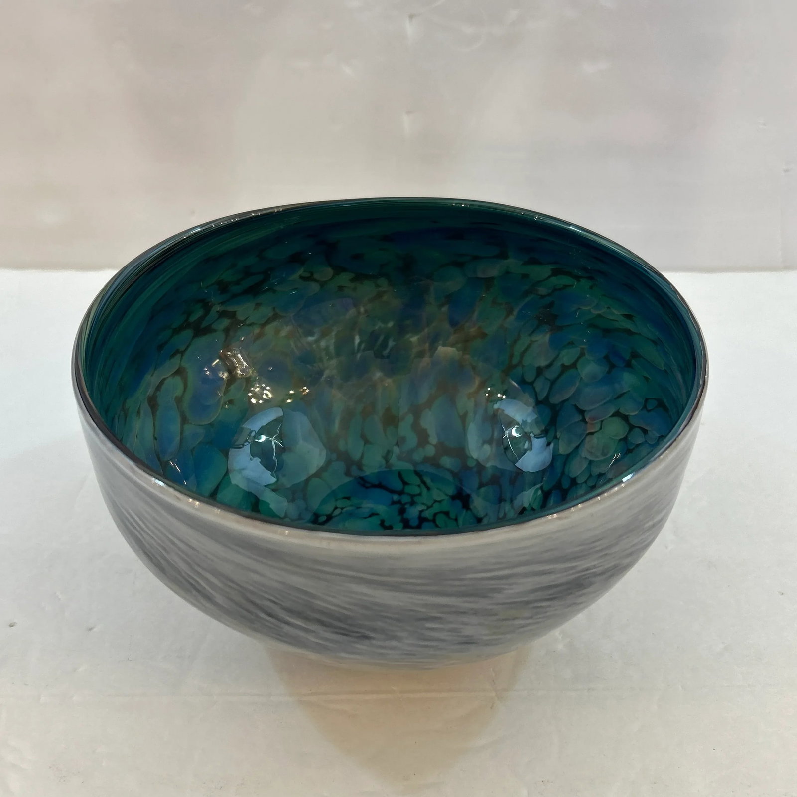 Green Blue and White Multi- Swirl Blown Art Glass Bowl - 9