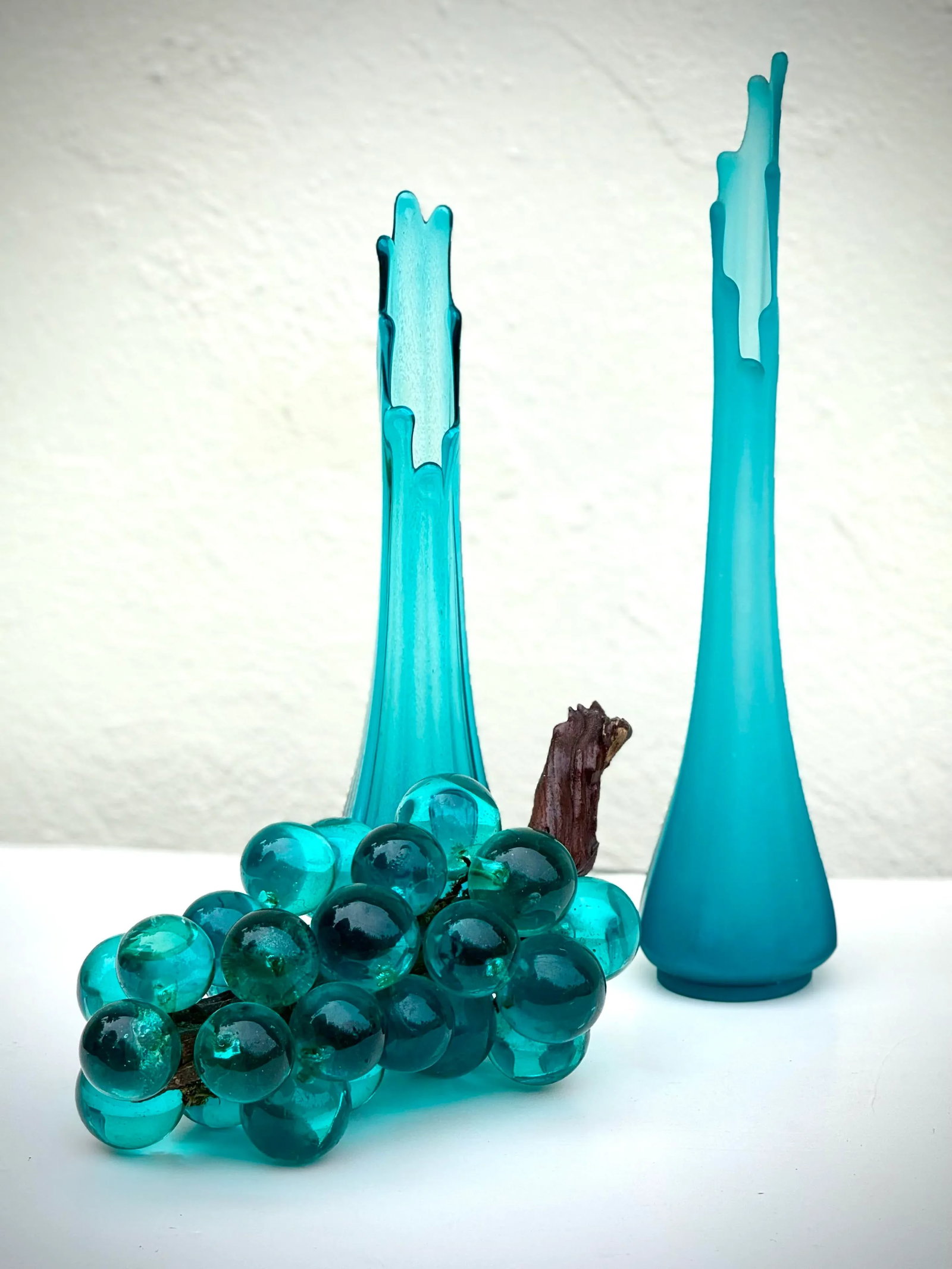 Art Glass Vase -Vintage Mid Century Tall Turquoise Cerulean Blue Frosted (Sea Glass) - 6