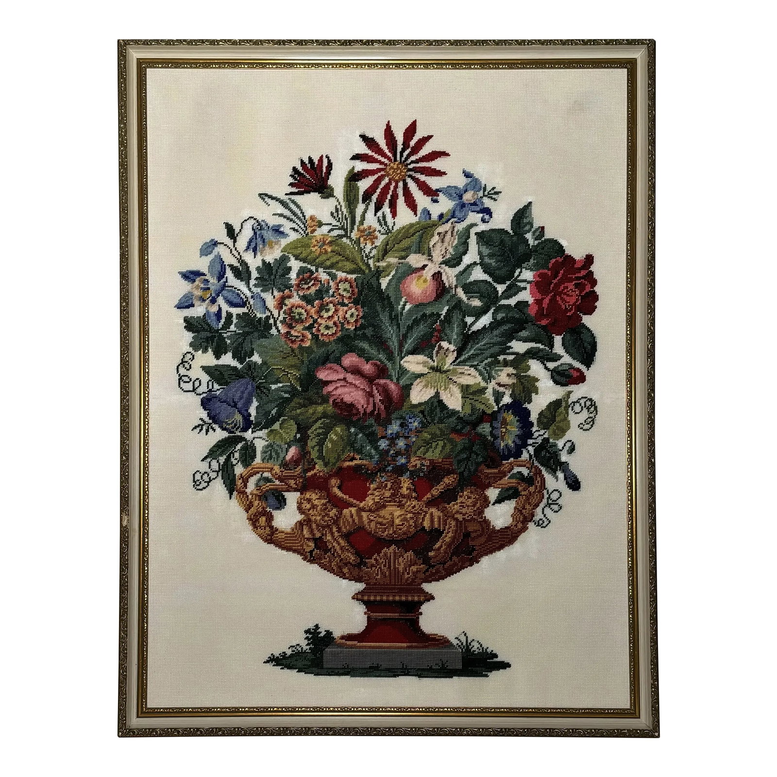 Vintage Monumental French Provincial Floral Textile Art, Multi-Color: The grand size of this French Provincial hand crafted needlepoint art is sure to make a statement in your home! The detailed image is a multicolor floral bouquet in tones of rich berry red, dark