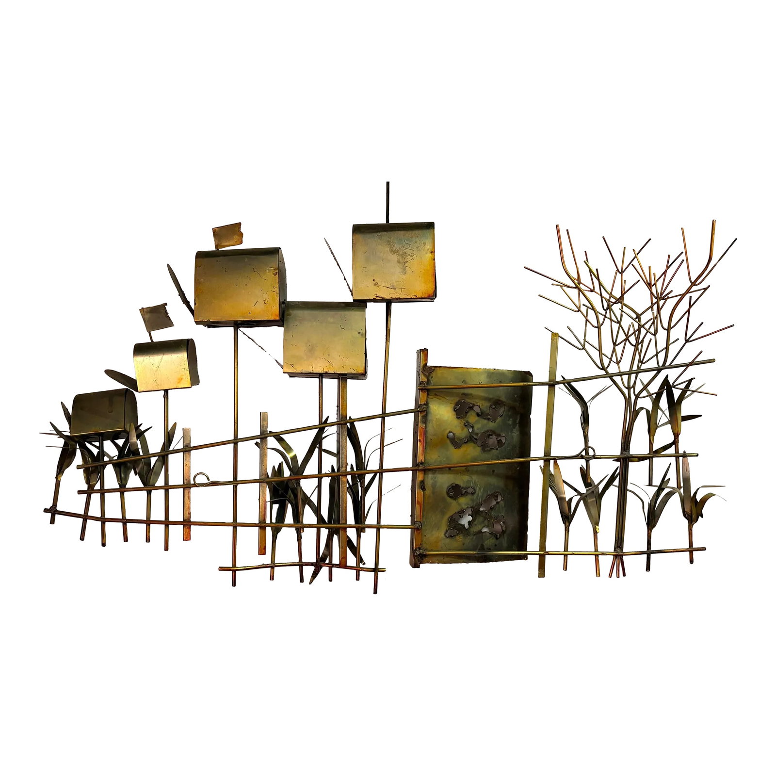 Mid-Century Modern MCM Brutalist Metal Wall Sculpture in Curtis Jere Style: An expressive mid-century modern welded metal wall sculpture depicting an abstract landscape with stylized trees, fencing, and geometric architectural forms. Executed in torch-cut and welded steel wit