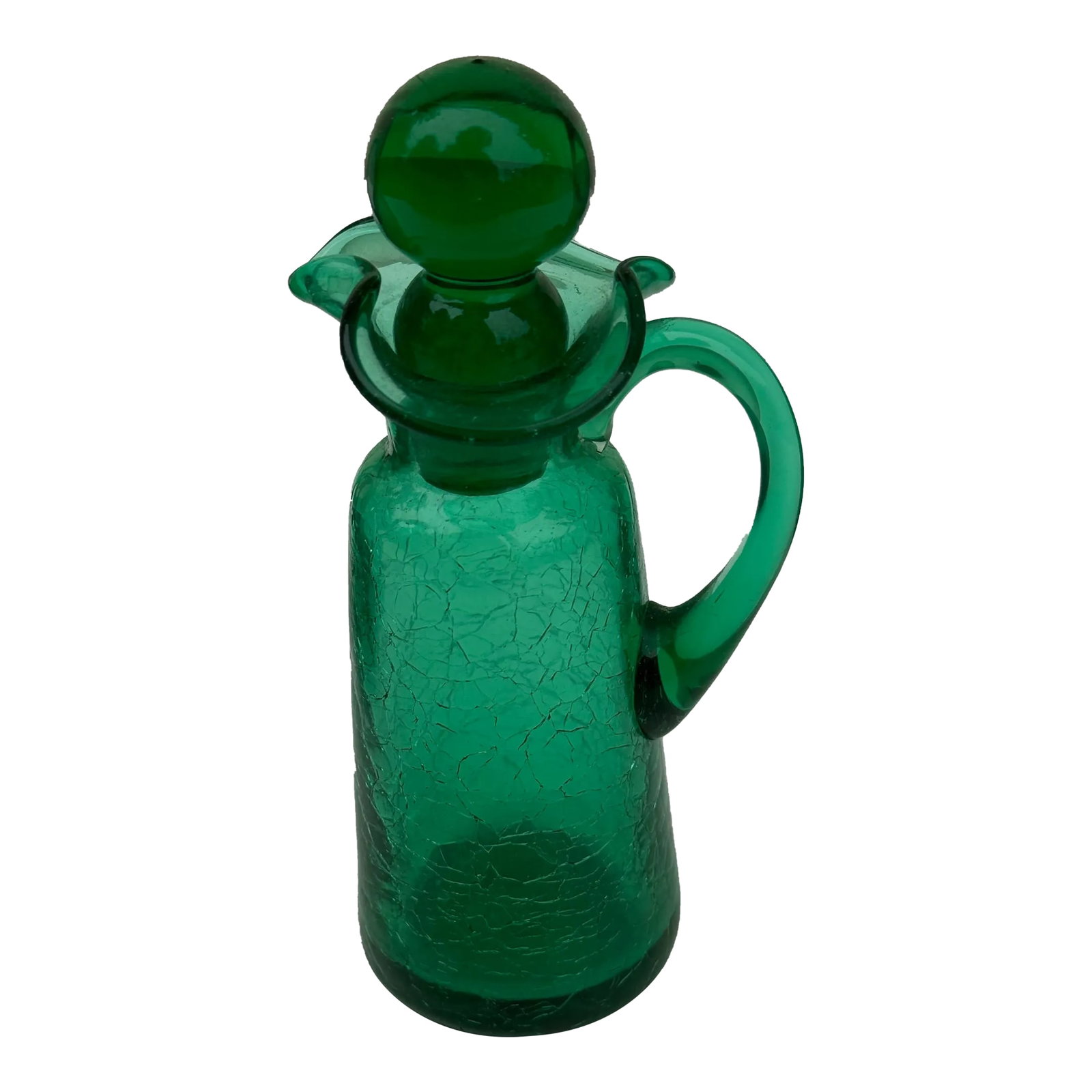 Art Glass Cruet: Vintage Emerald Green Crackle Glass for Olive Oil or Vinegar Cruet: Beautiful teal / emerald green crackle art glass crust with stopper - excellent vintage condition. Overall 6" high with stopper/ by 3.25" wide with handle Condition: Alterations: Original Condition Un