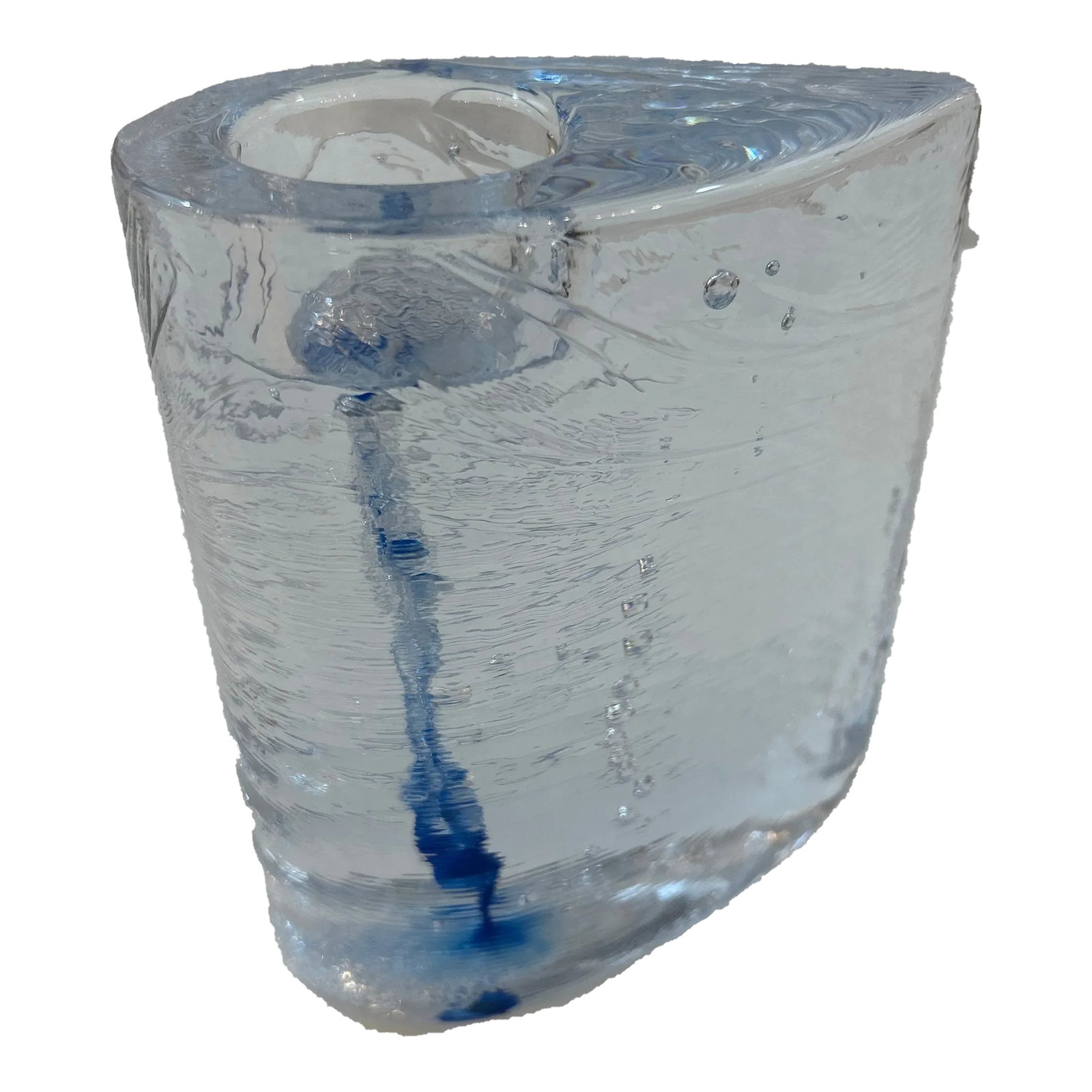Kosta Boda Thick Transparent and Blue Textured Glass Candle Holder: Thick transparent textured glass candle holder with blue placed inside during the blowing and molding process. It maintains its original Kosta Boda sticker. Note: this holds a fat candle. Condition: