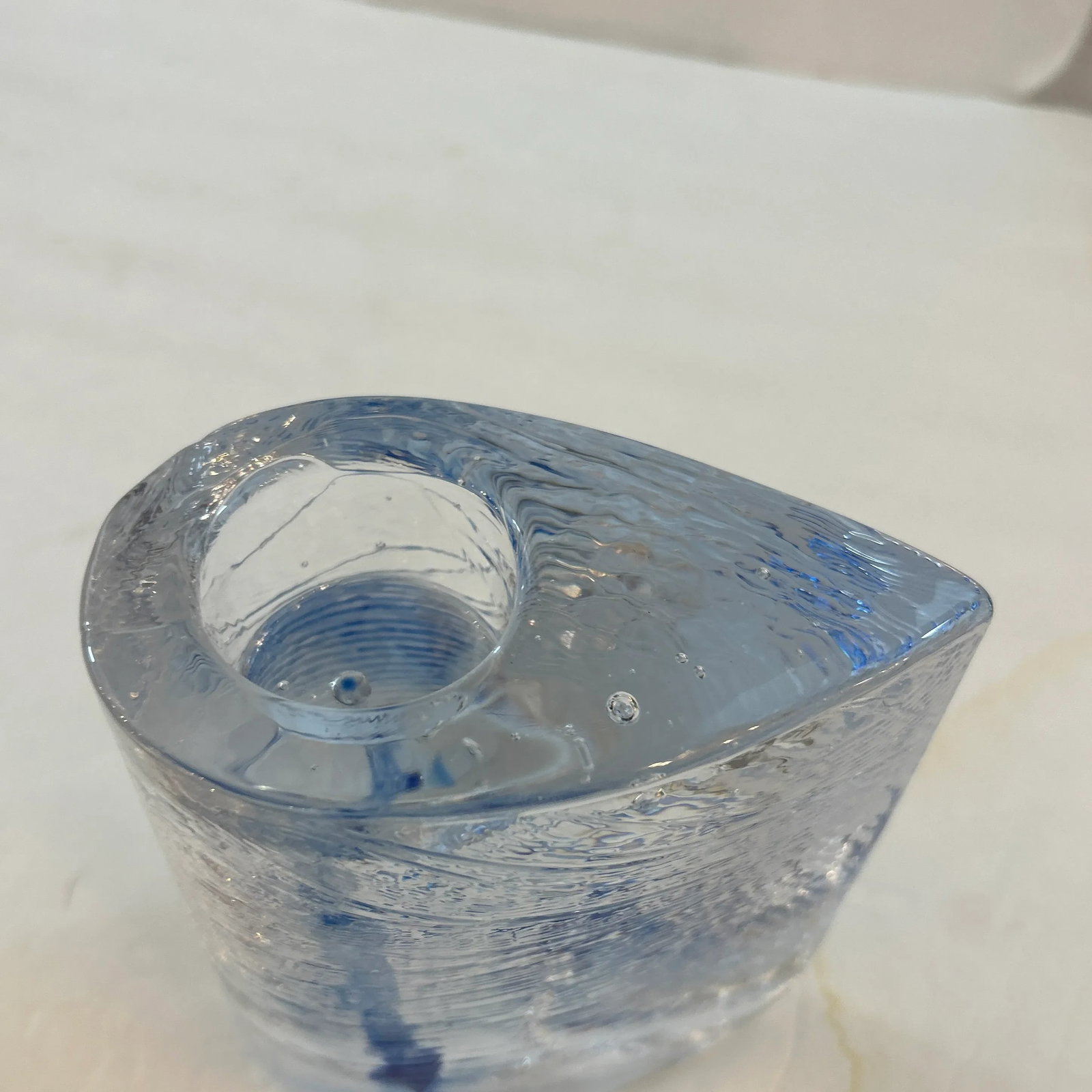 Kosta Boda Thick Transparent and Blue Textured Glass Candle Holder - 3