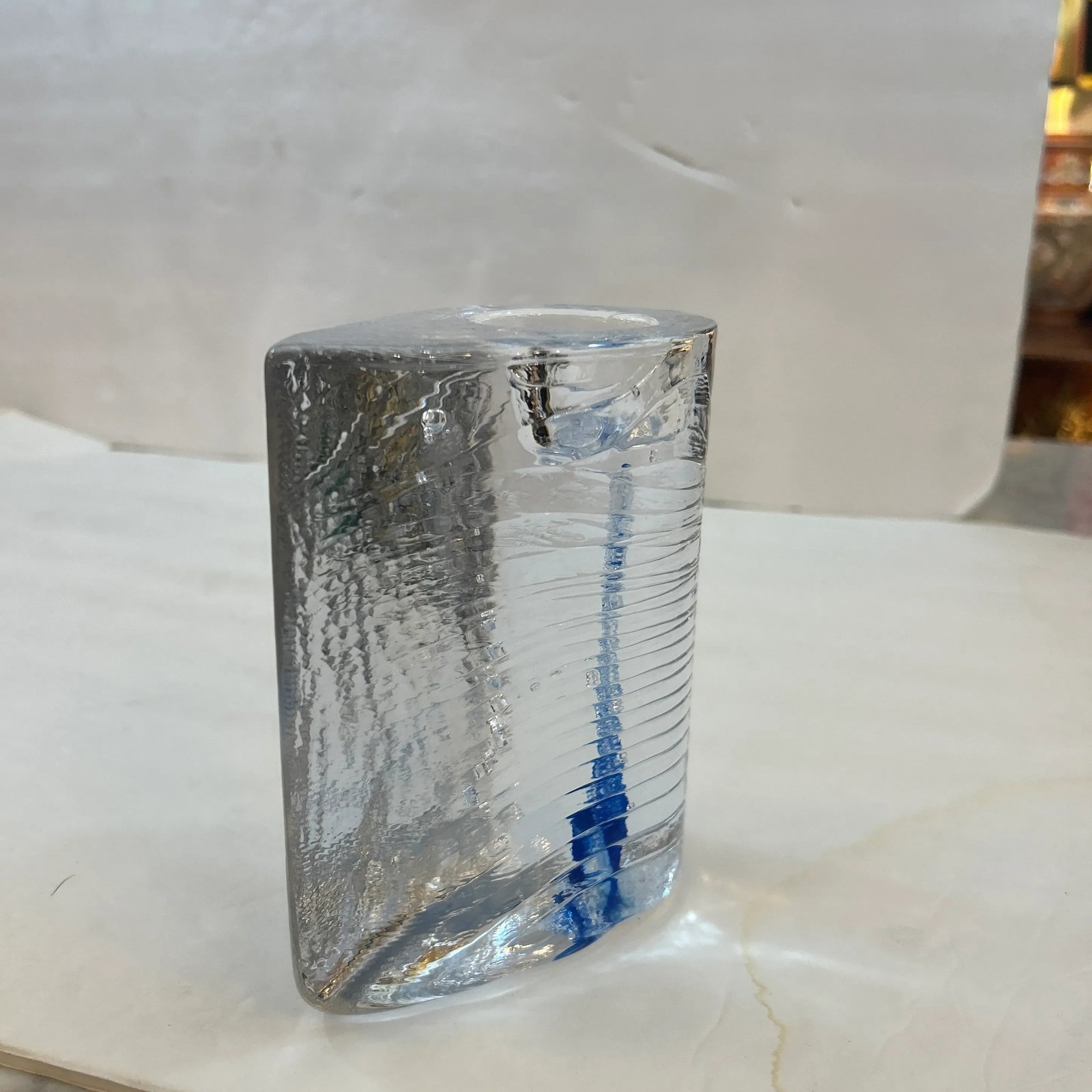 Kosta Boda Thick Transparent and Blue Textured Glass Candle Holder - 4