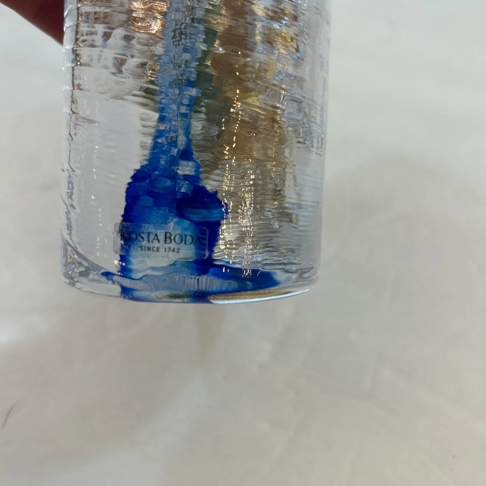 Kosta Boda Thick Transparent and Blue Textured Glass Candle Holder - 6