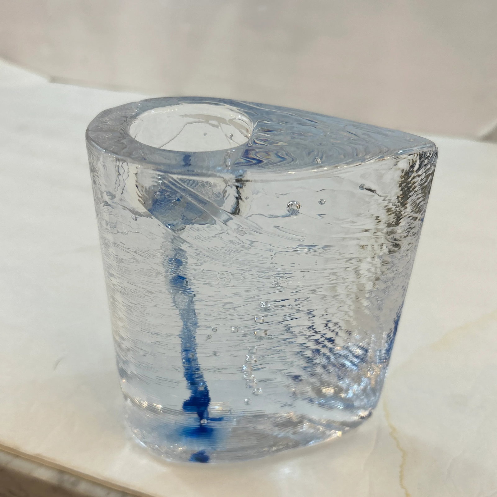 Kosta Boda Thick Transparent and Blue Textured Glass Candle Holder - 8