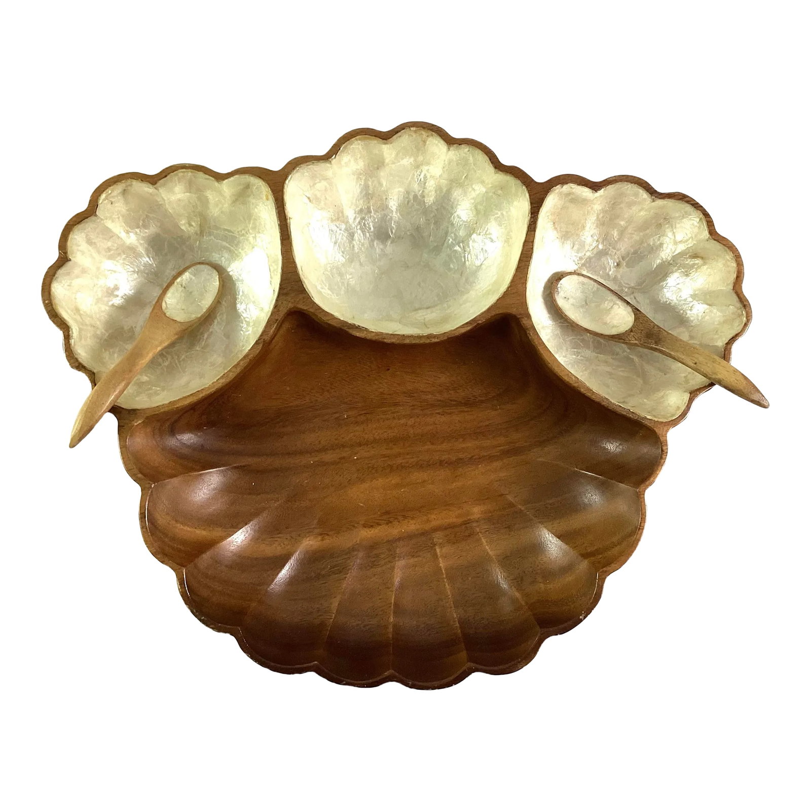 1960's Philipine Monkey Pod Wood and Capiz Shell - Hors D'oeuvre/Snack Tray With Provenance: Rare ,1960's hand carved monkey pod wood -hors d'oeuvre /snack tray-with white translucent "window pane oyster shell" covering -which is very durable for applications such as this Provenance-A