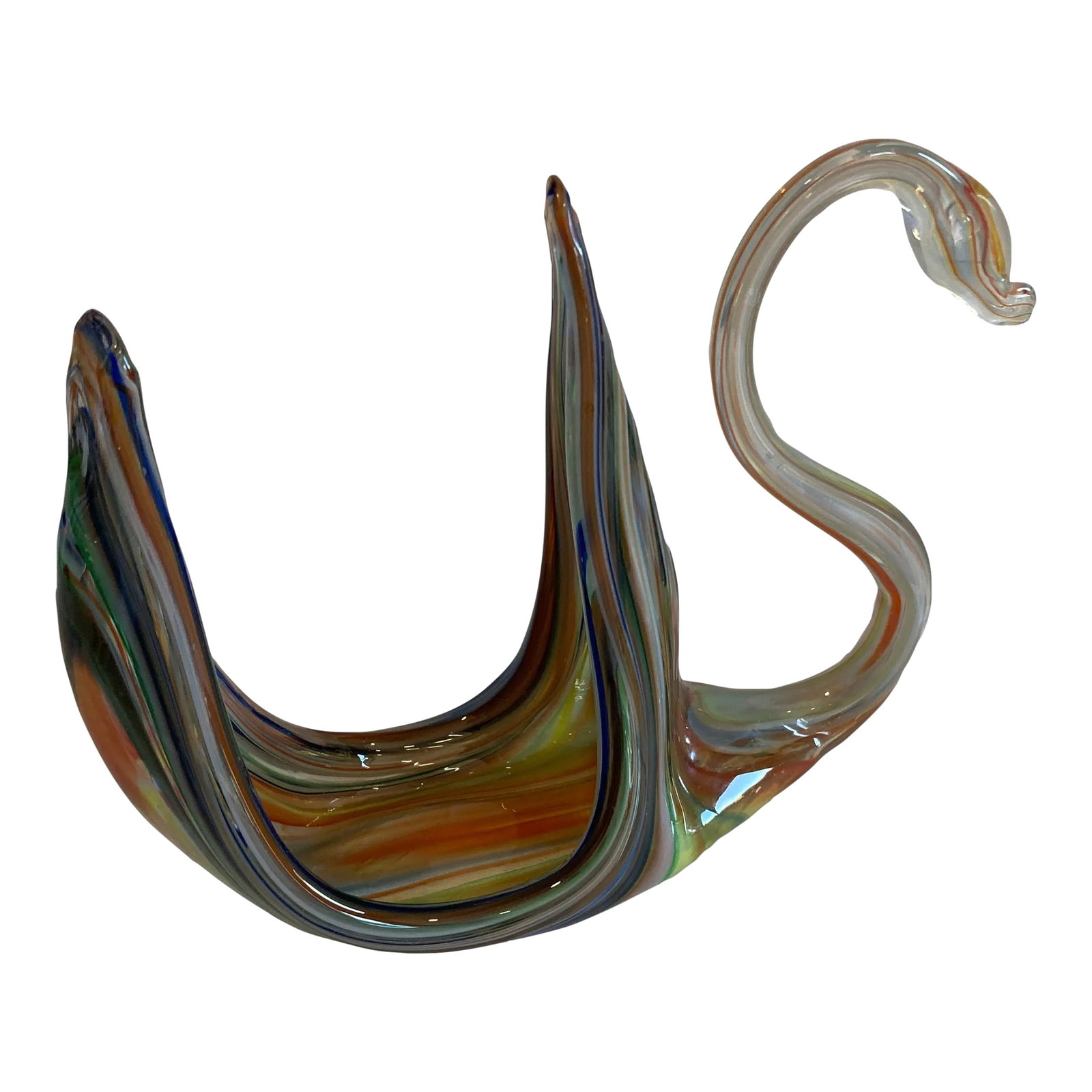Vintage Murano Style Multicolor Art Glass Swan Sculpture: A vibrant and beautifully curved Murano-style glass swan sculpture-this piece is a true celebration of vintage finds. With richly swirled tones of amber, emerald, sapphire, and ivory, the glass is