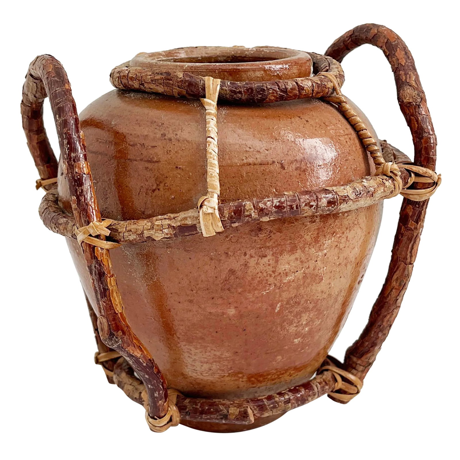 Vintage Mexican Clay Pot With Willow Branches: Rare, rustic vintage vase crafted of clay pottery vase or pot wrapped in willow branches and secured with accents of woven rattan. Branches are rigid and pot cannot be removed from them. Condition: