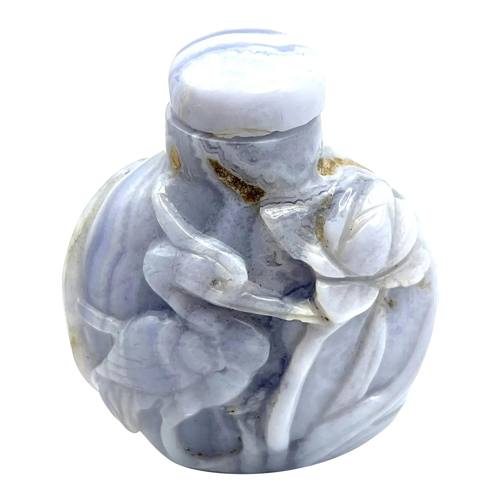 1980's Blue Lace Agate Snuff Bottle: Blue lace agate is a variety of chalcedony. It is characterized by its soft blue bands creatng a lace-like pattern. This flattened round bottle tapers towards the base and ends in a small raised oval