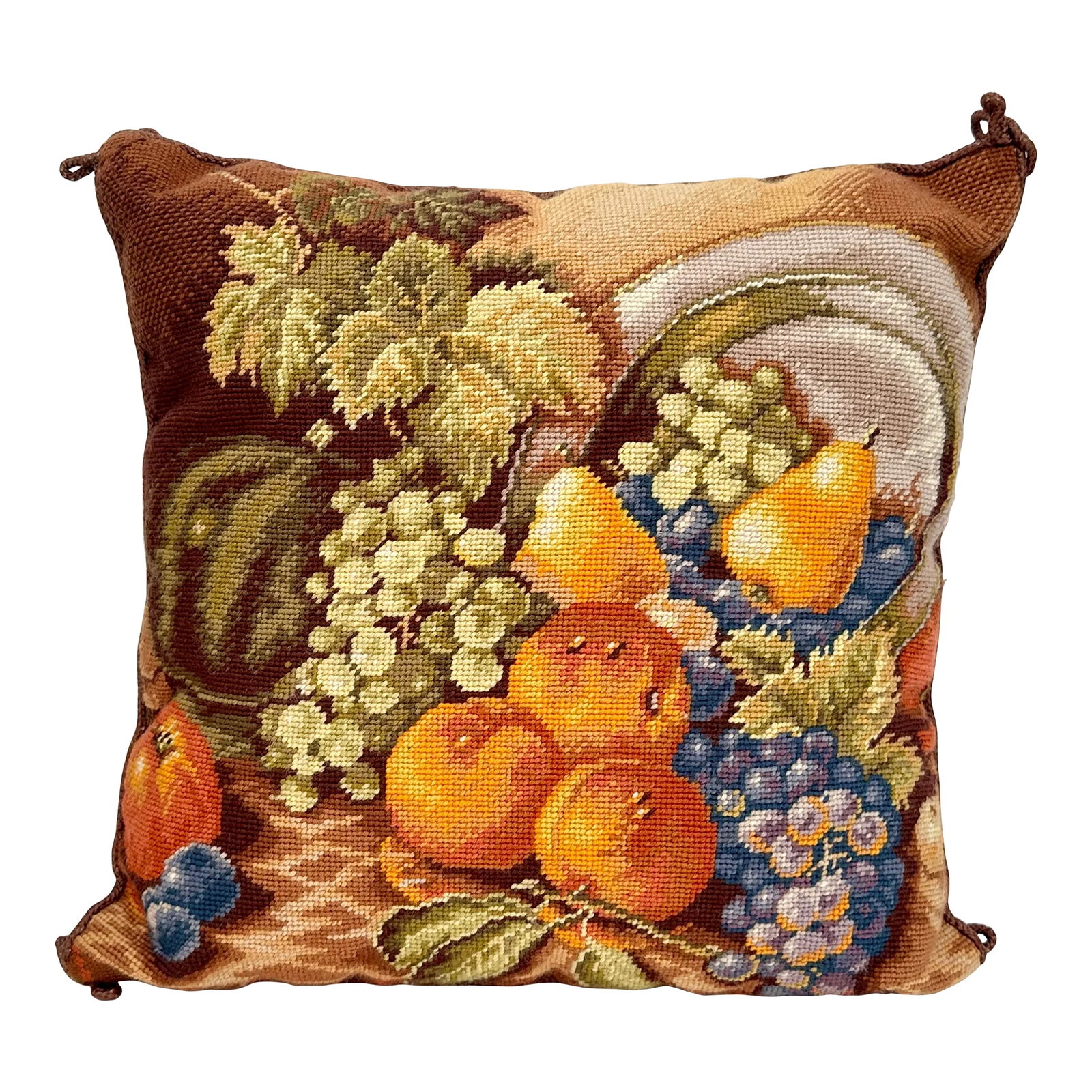 Vintage Fall Harvest Needlepoint Pillow: Vintage throw pillow featuring a harvest still life with luscious grapes, melons, pears, and stone fruits. Brown velvet backing fabric with a zipper closure & polyfill insert. Condition: Alterations: