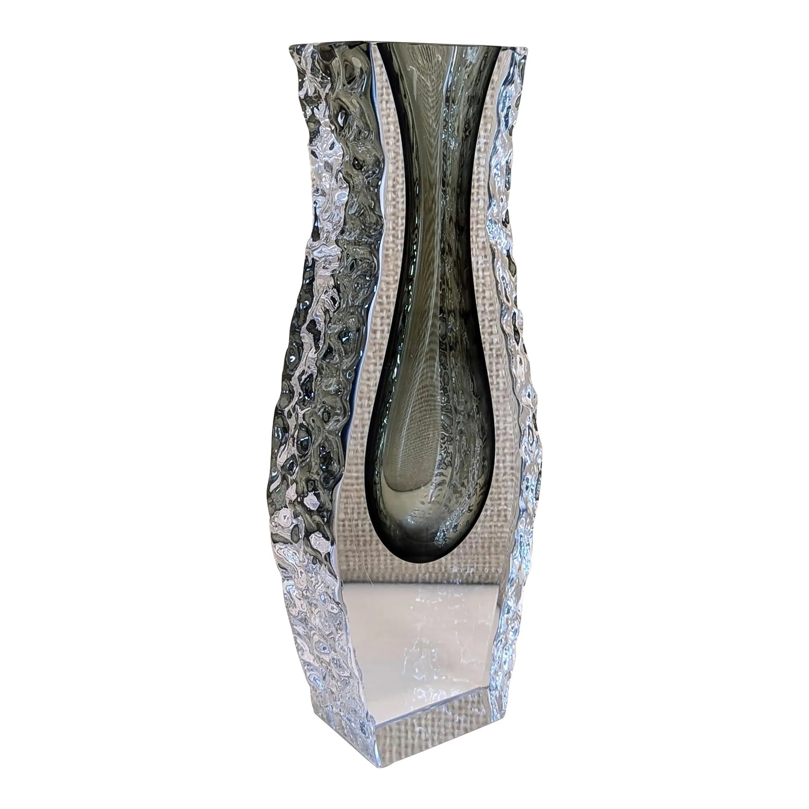 Vintage Murano Attributed Sommerso Vase, G. Campanella: Attributed to Murano, G. Campanella and made in Italy, this "Submerged" or "Sunken Glass" vase has a smoky green interior within a clear glass form with heavily textured sides, flat cut polished