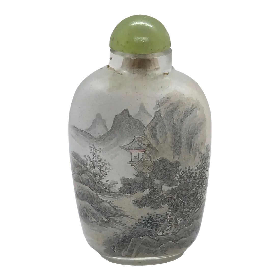 Vintage Inside Painted Snuff Bottle in Landscape Design: This is an unsigned but exquisitely painted snuff bottle in the traditional Chinese Landscape Painting. To be specific, it is the Wu School painting, a long established tradition in accordance to the