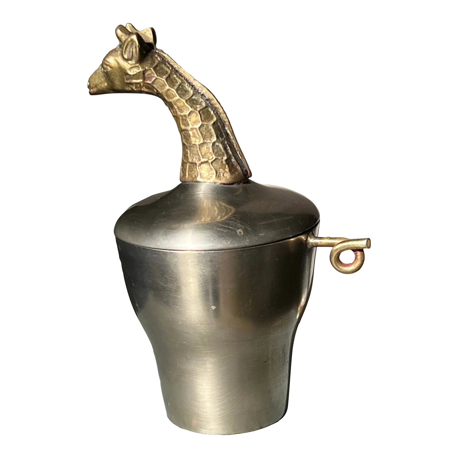 Mid 20th Century Vintage Giraffe Pewter Lidded Trinket Box: This vintage metal trinket box / liddd cup. The lid that has the top of a giraffe and the twirled tall on the bottom. Crafted from silver-toned metal , pewter and a brass head and tail, this lovely