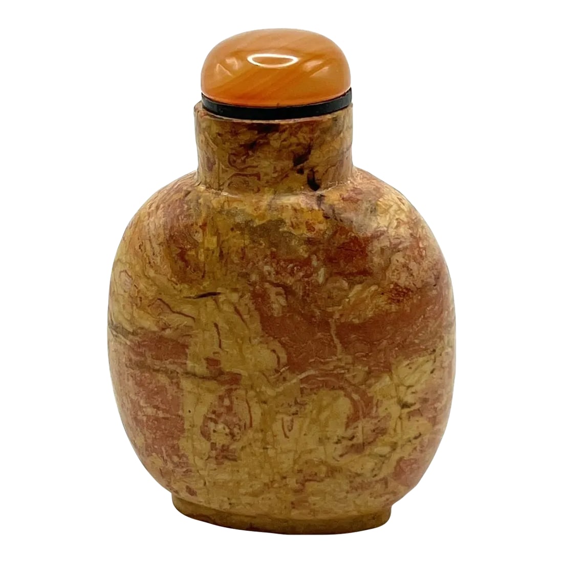 Jasper Snuff Bottle in Mustard Yellow and Rust Colors: Snuff bottle carvers love to work with Jasper. It has such a variety. The bottle here is a mustard yellow infused with patches of rust. The combination is an inspiration for an Abstract Expressionist