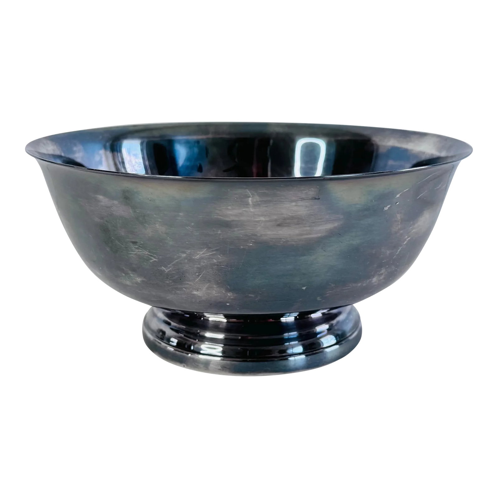 Vintage 1960s Silver-Plate Round Footed Center Bowl: Vintage 1960s Silver-Plate Round Footed Center Bowl. Great bowl with natural aged patina. Marked Gorham underneath. Condition: Alterations: Original Condition Unaltered Imperfections: Some