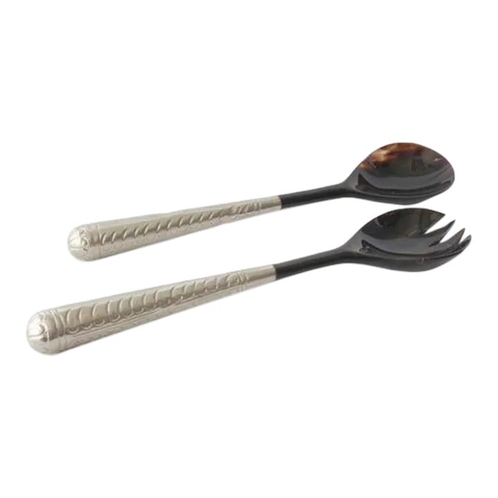 Mid 20th Century Silver and Faux Tortoise Salad Servers- a Pair: Vintage salad servers featuring faux tortoise shell blades and elegant sterling silver-wrapped handles. Though unmarked, the handles have been tested and confirmed as silver, ensuring their quality.