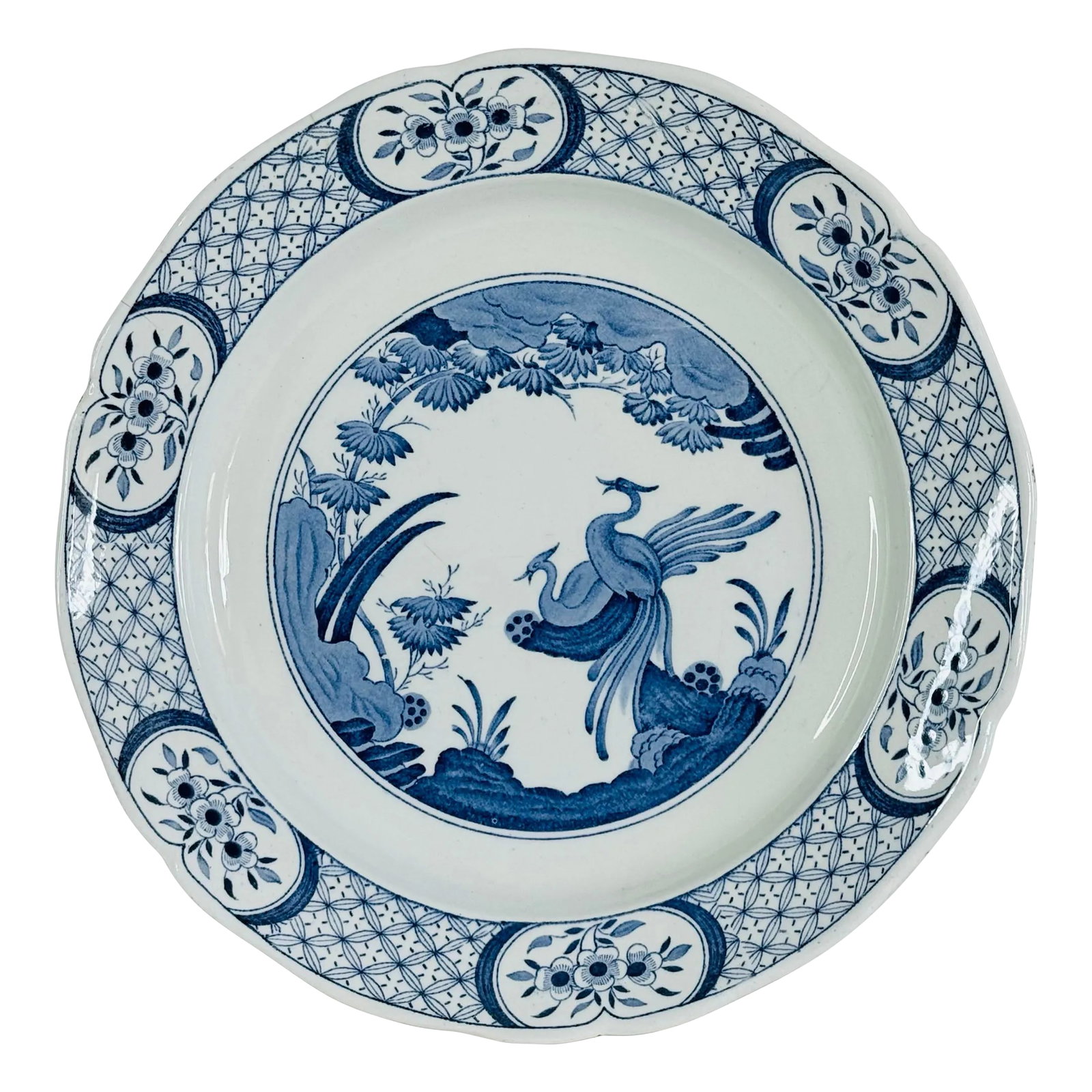 Vintage 1930s English Ironstone Round Charger Serving Plate With Exotic Birds: Vintage 1930s English Ironstone 12" Round Charger Serving Plate With Exotic Birds. Beautiful blue and white designed platter. Made by Old Chelsea in the Furnivals pattern. Marked on the back. Conditio