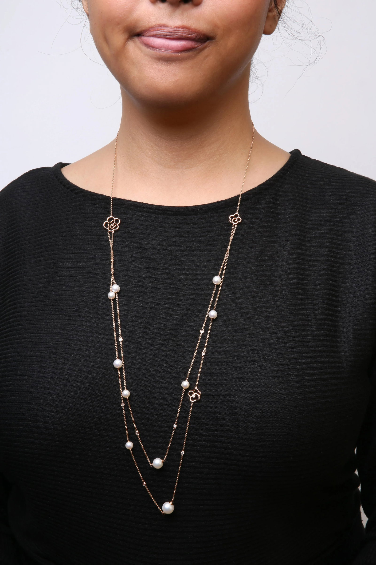 18K Rose Gold 1/2 Cttw Diamond and Freshwater Pearl Double Strand Station Necklace (G-H Color, SI1-S - 5