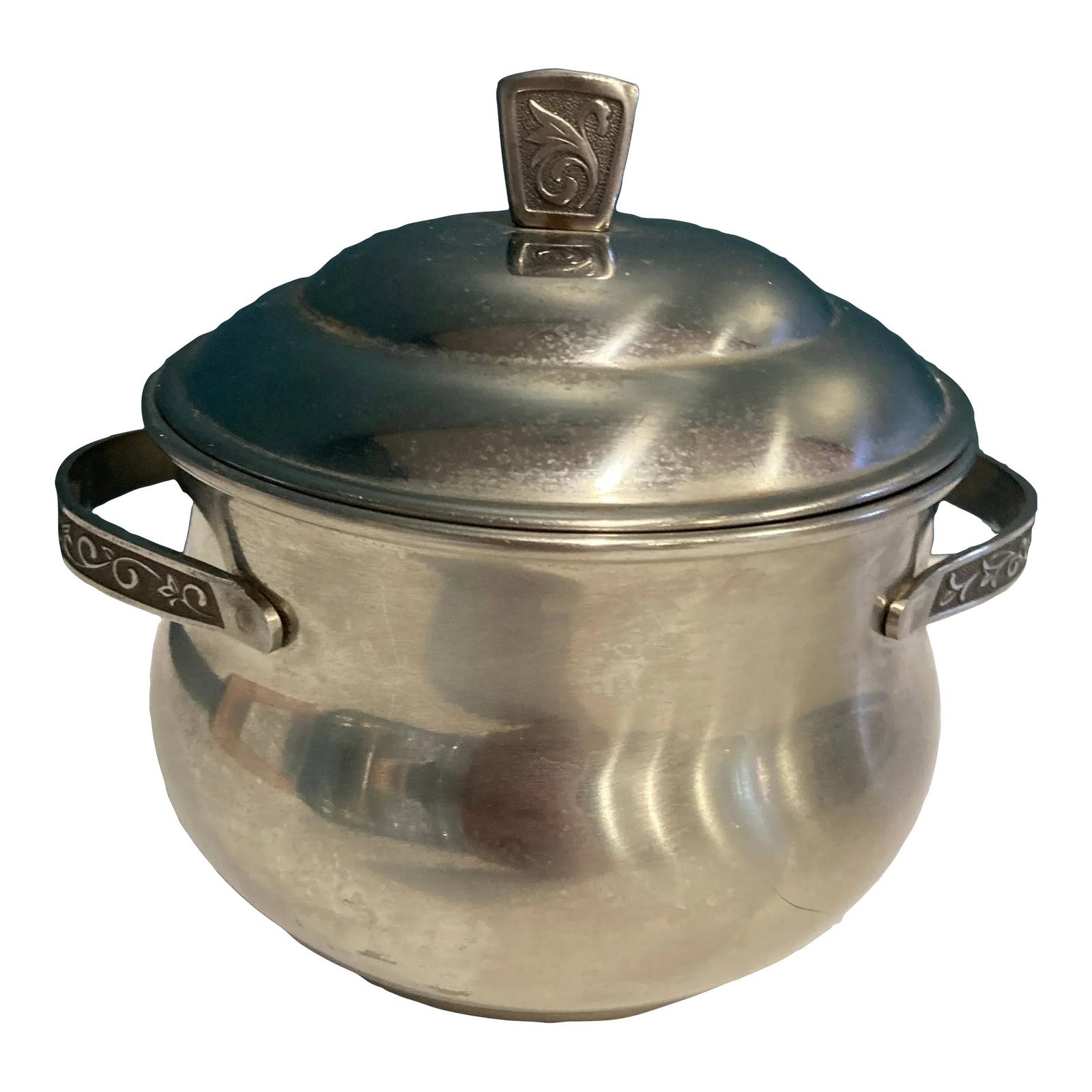Vintage Steel Holloware Pot With Lid: A handsome vintage covered serving bowl from Monterey's Carefree Stainless Traditional Holloware collection, made in Japan. Crafted from durable stainless steel, it features decorative black floral ac