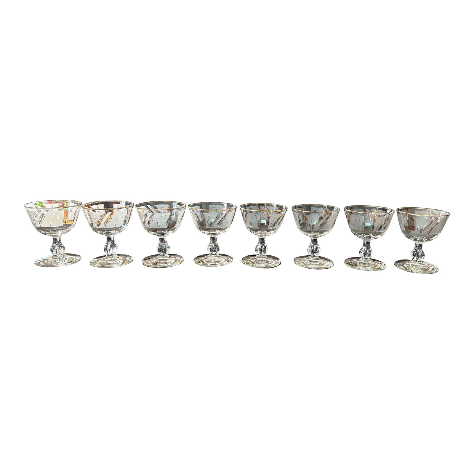 Vintage Libby Glassware- Set of 8: Vintage Libby Champagne Sherbet Glassware. Wheat Pattern With Gold Trim. Set of 8 Condition: Alterations: Original Condition Unaltered Imperfections: Some Imperfections Condition Notes: Very Good