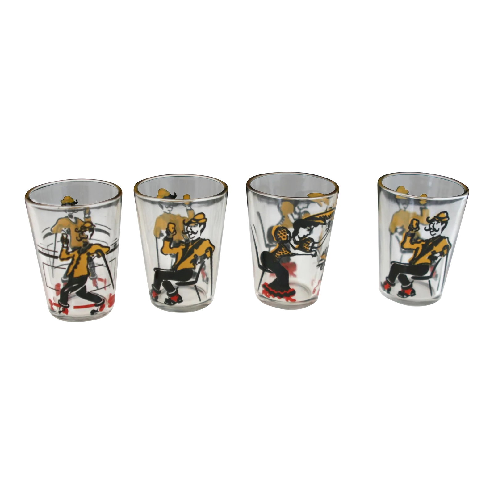 Vintage Hazel-Atlas Shot Glasses Black Yellow Red Turn of the Century Bar Scenes- Set of 4: Vintage 1950s Hazel Atlas Novelty Shot Glasses Set of 4 These vintage flared shot glasses were created during the 1950's. They depict turn of the century barroom scenes. Two are of a sitting gentleman