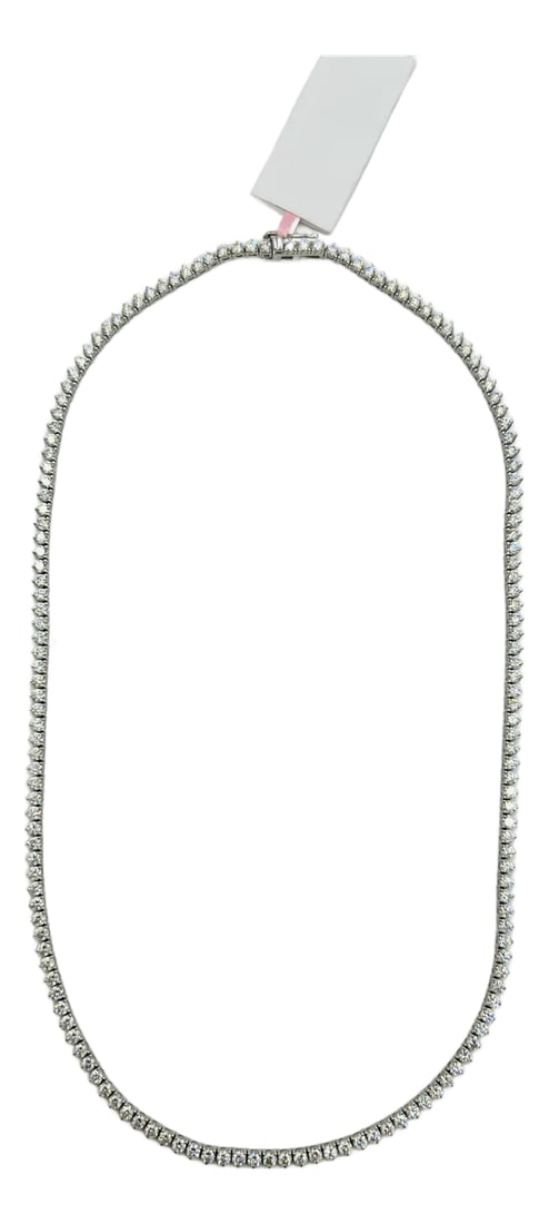 White Round Diamond Tennis Necklace in 14k White Gold: Beautiful 7.01 ct. good quality, white, and bright diamond rounds. Handmade in 14k white gold. Three prong setting. Length is 16". Condition: Imperfections: No Imperfections Origin: United States
