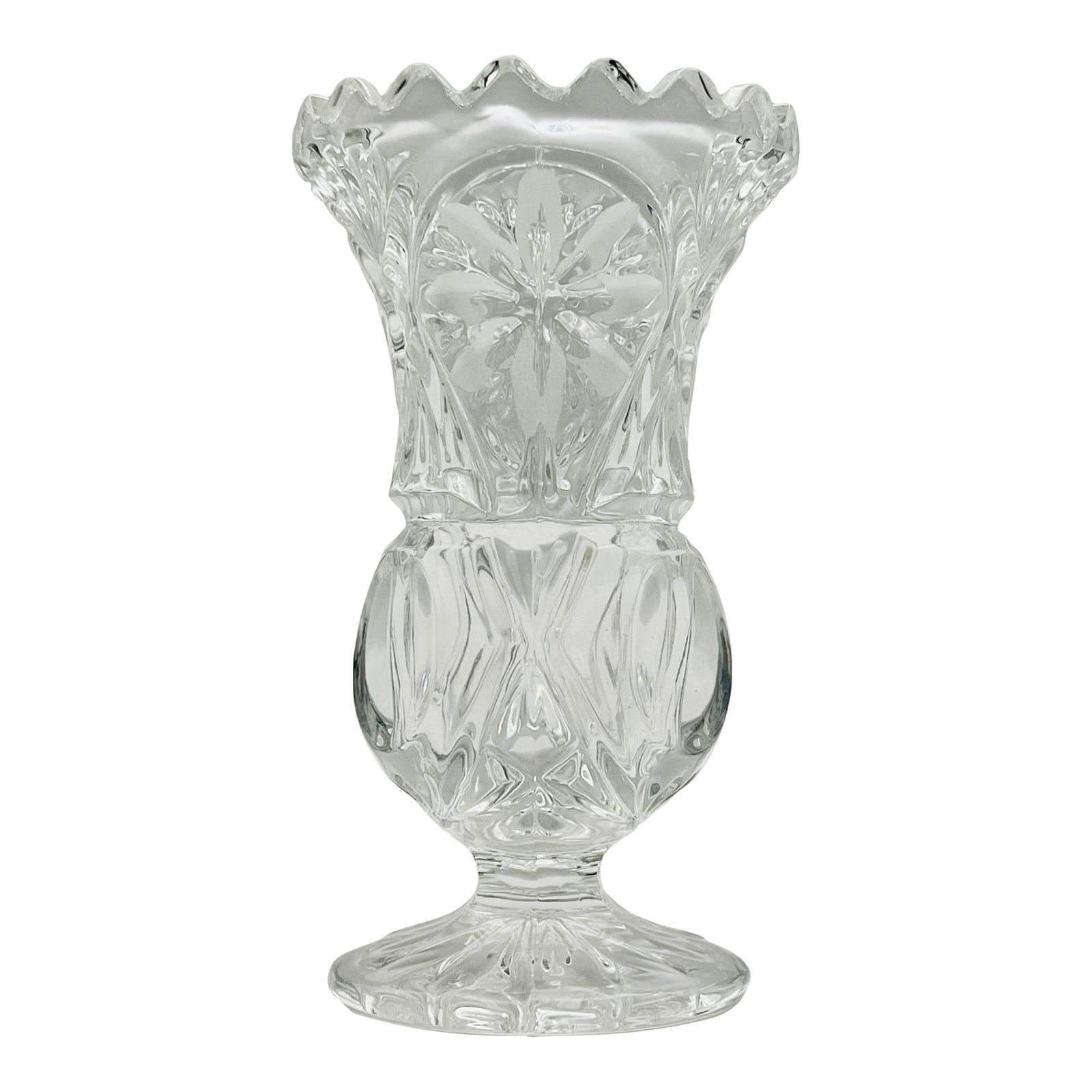 Early 20th Century Footed Crystal Bud Vase: A small elegant piece of vintage crystal in a traditionally inspired pattern with a textured edge and starburst foot. It is evenly weighted and would make a lovely flower vase for showing off a