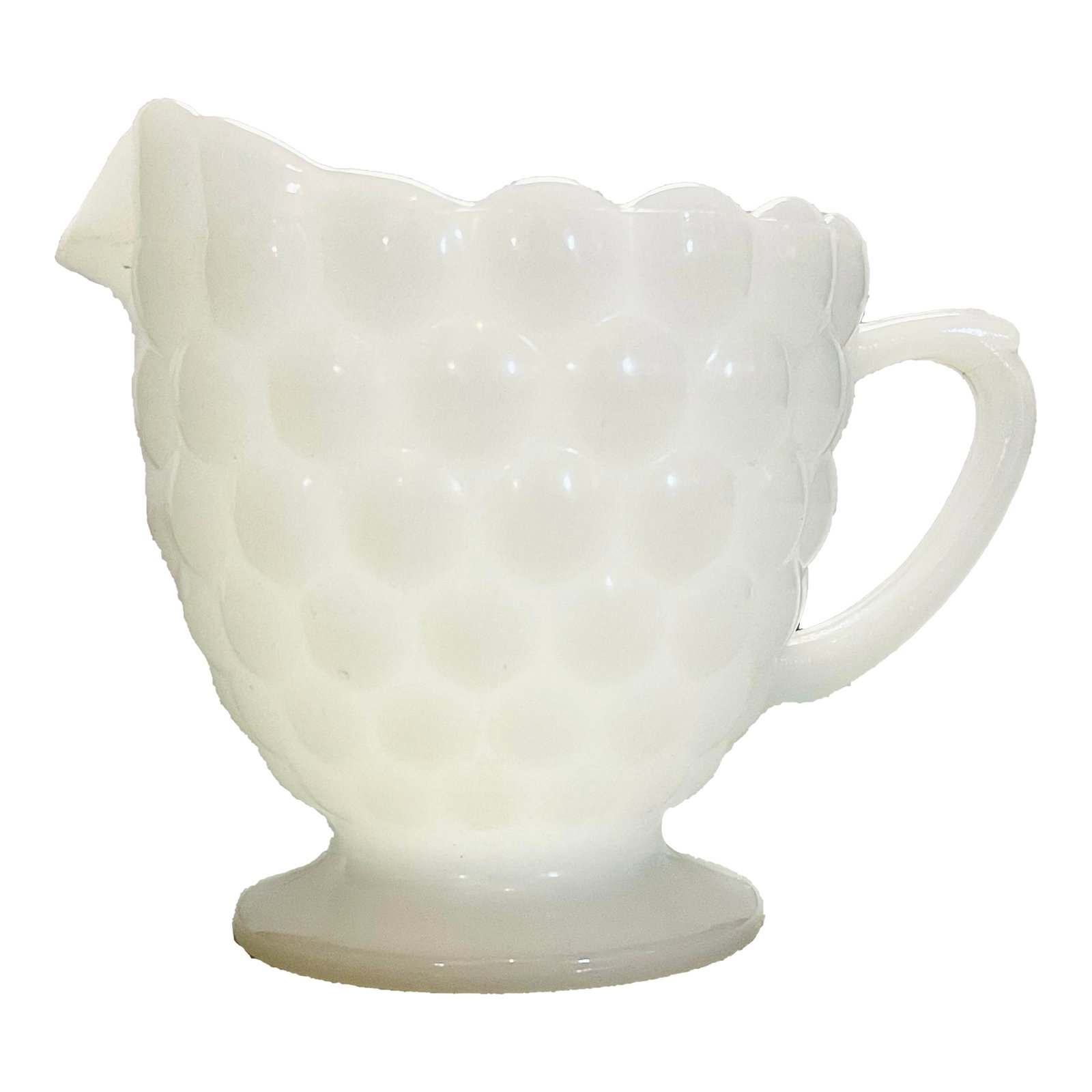 Mid 20th Century Anchor Hocking Bubble Milk Glass Creamer: A classic geometric pattern creamer pitcher in translucent milk glass made by the Anchor Hocking Glass Company in Lancaster, Ohio. Ships within 1-2 days using USPS. All items packed with care. Please