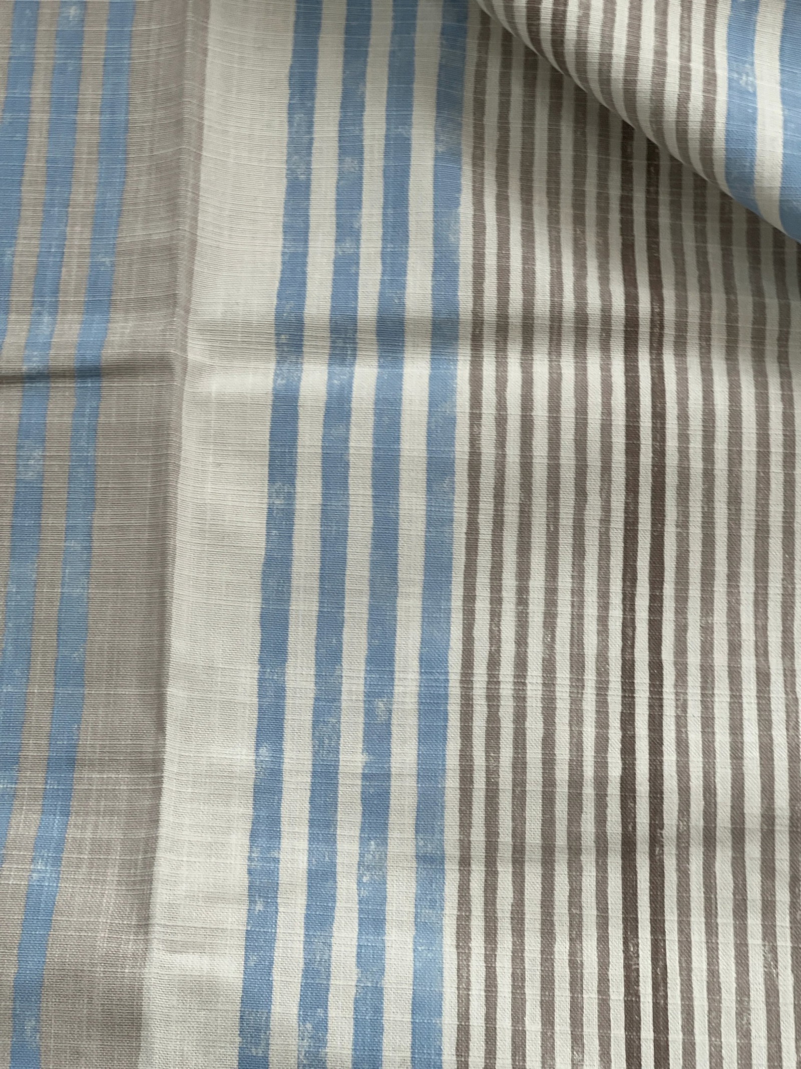 Designer Guild Stripe Cotton Fabric- 2.75 Yards: Charming brushed cotton stripes in soft blues to browns from Designer guild This is a 2.75 yd piece but has a cut as shown so not a full piece Measures 56" wide Condition: Alterations: Unknown