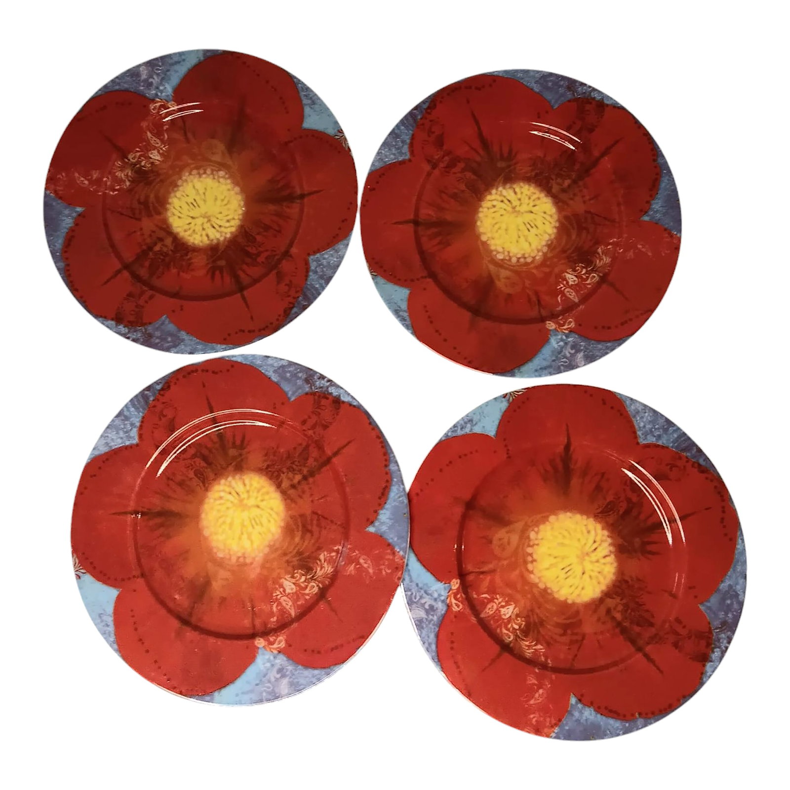 Waechtersbach Petal Power Petal Power Petunia Design Salad Plates- Set of 4: Waechtersbach Petal Power Salad Plates Petal Power Petunia Design Set of four Beautiful vibrant colors of red, blue, and yellow Approximately 8" in diameter Good preowned condition. Very small