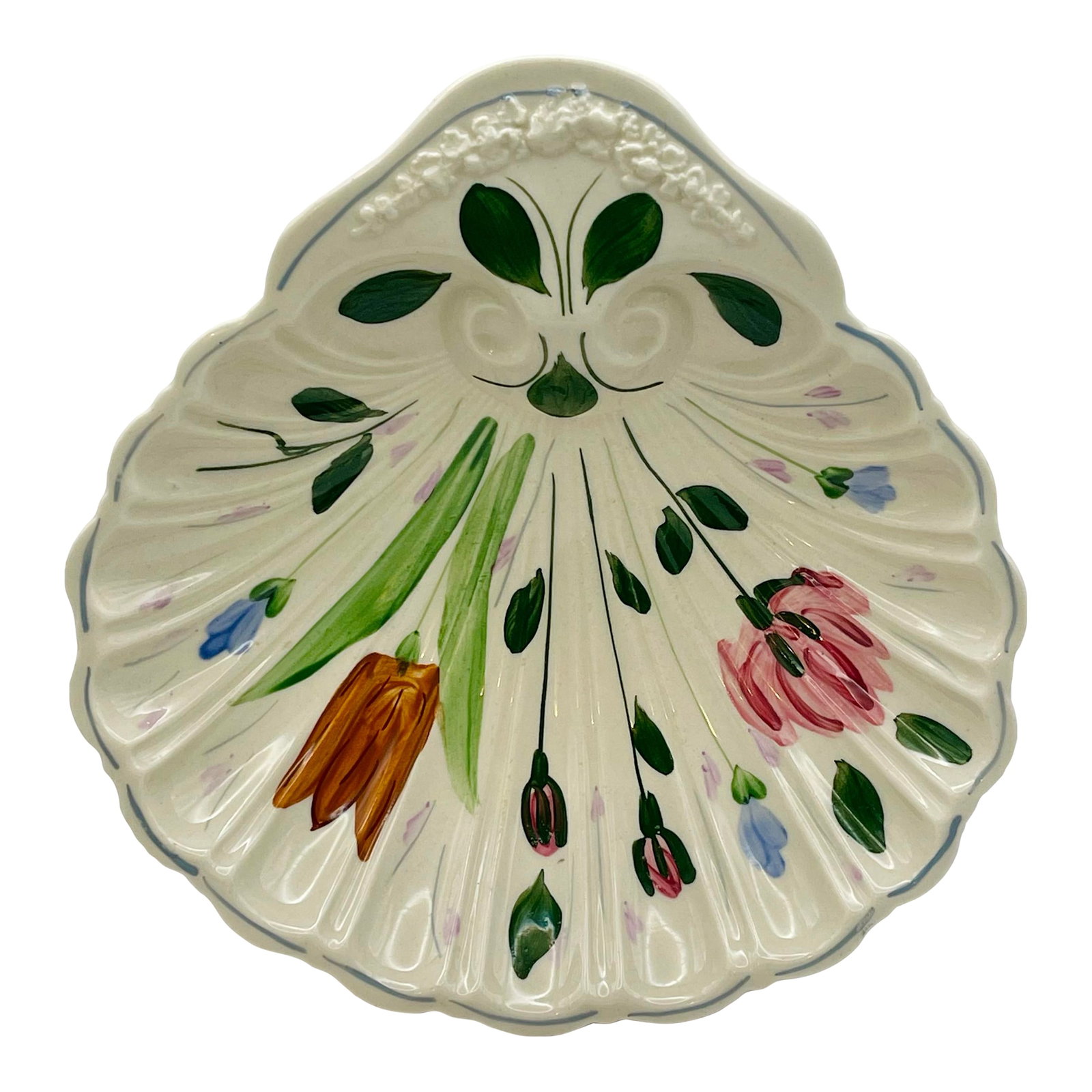 Vintage Blue Ridge China Seashell Bowl: A hand painted scallop shell bowl decorated with flowers and leaves in a simple folk art style. -Made by Blue Ridge China. Ships within 1-2 days using USPS. All items packed with care. Please contact 