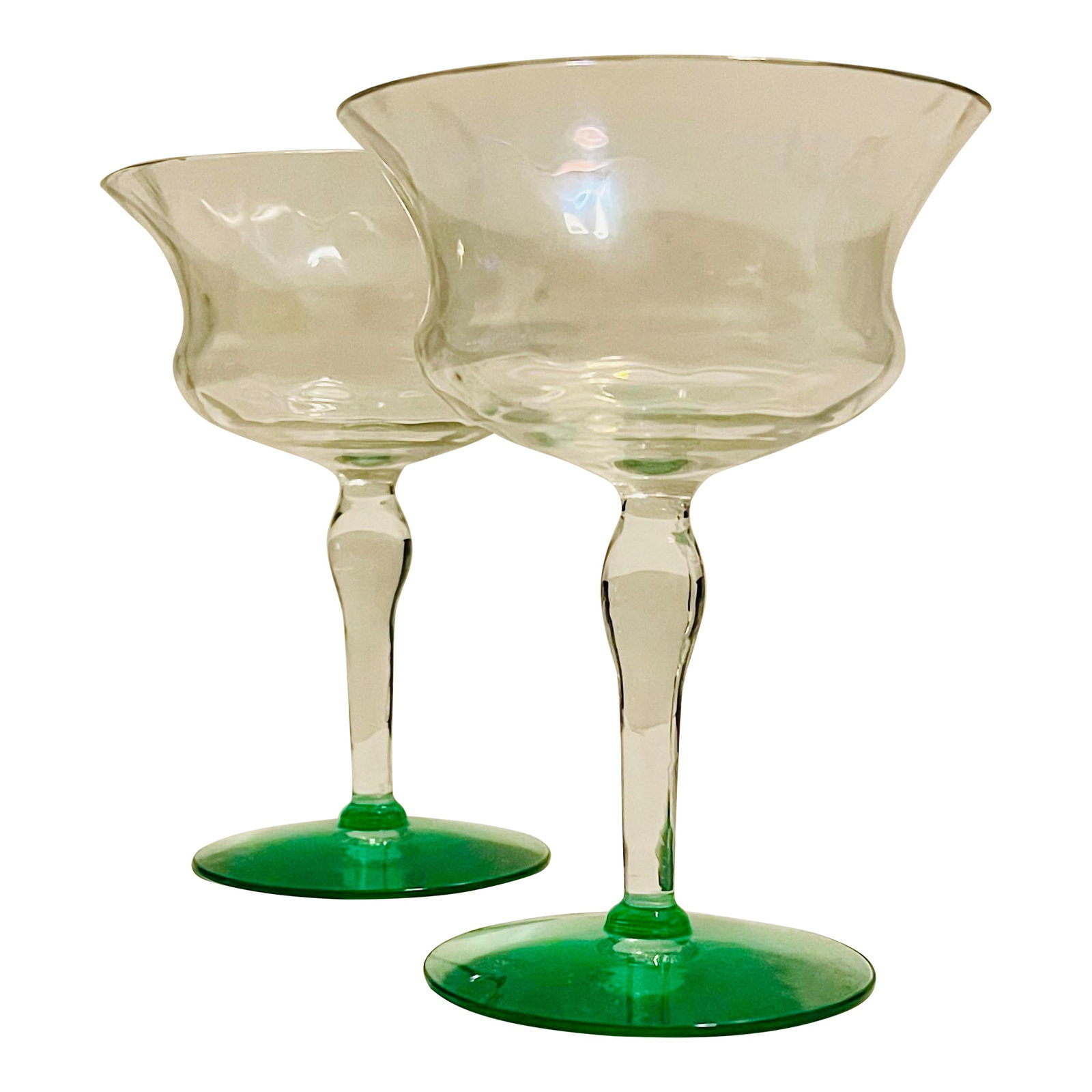 Vintage Fostoria Cocktail Glasses-a Pair: A pair of mid 20th century cocktail glasses with a fresh green foot and a distinctive diamond bevel which holds 4 ounces comfortably. Made by the Fostoria Glass Company in Ohio. Ships within 1-2 days