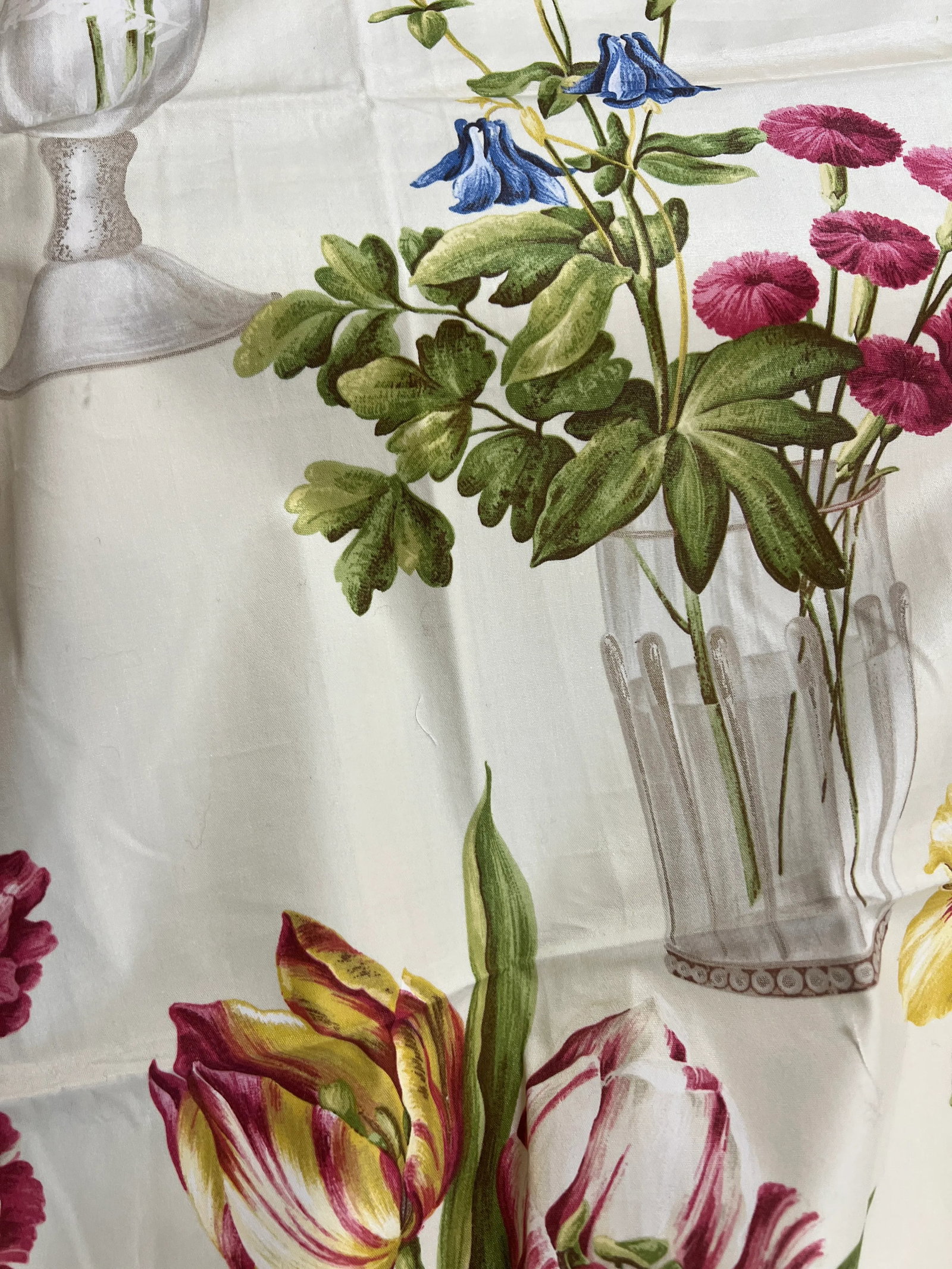 1990s Brunschwig & Fils Floral Print Fabric: Beautiful piece of Italian cotton of flowers in etched glasses.The details are lovely and it would make for a fabulous wallhanging. Measures 27" w by 36"long. Condition: Imperfections: No